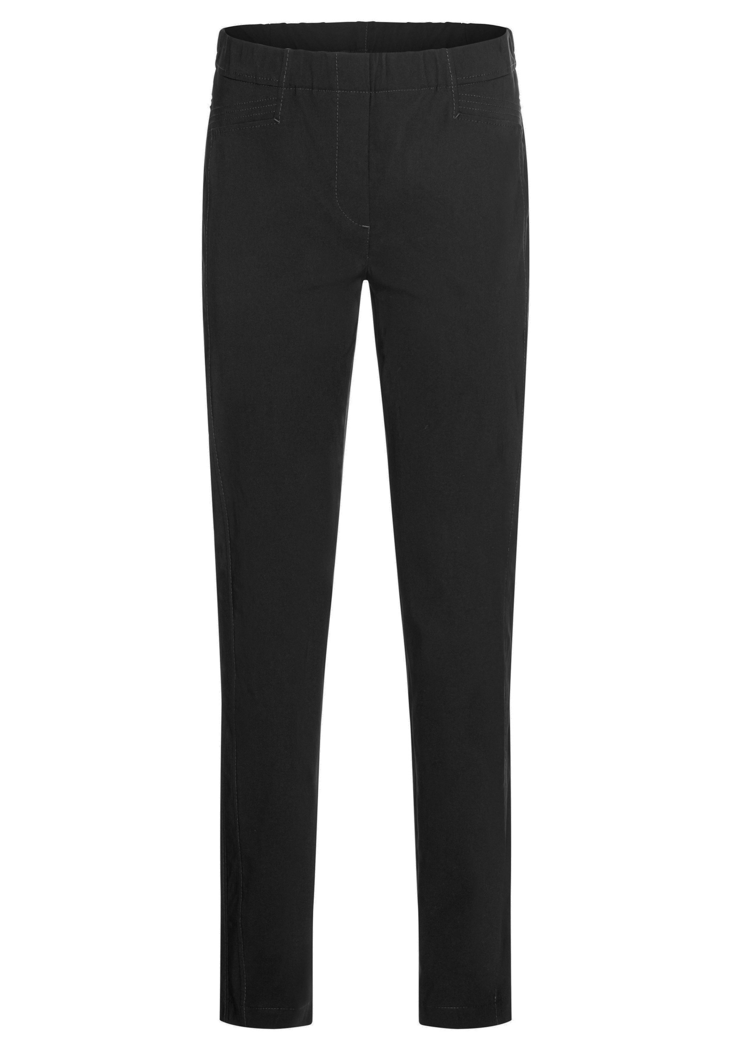Eine schlichte schwarze Slim-Fit-Hose mit elastischem Bund und Seitentaschen auf weißem Hintergrund.