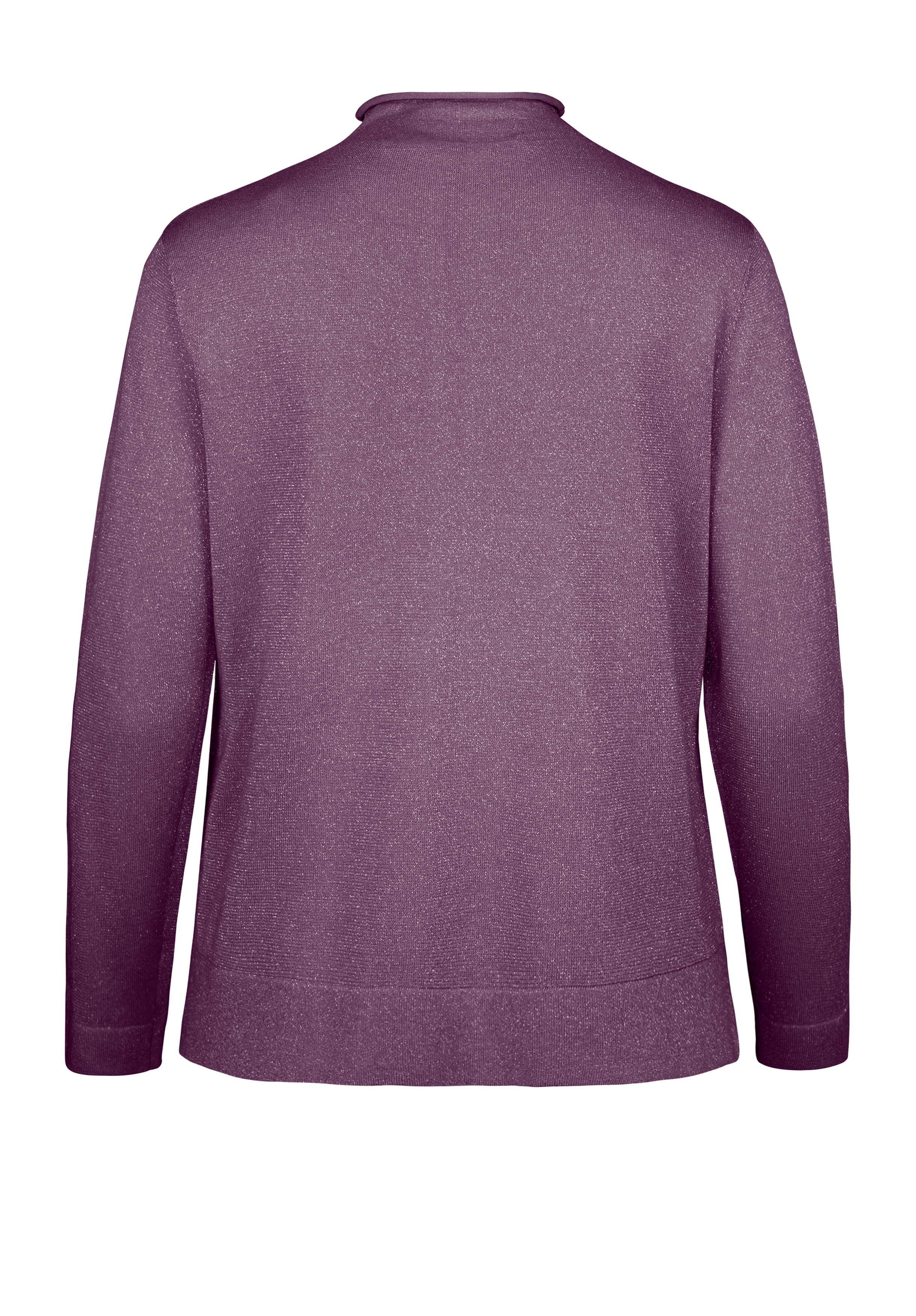 Rückenansicht eines langärmeligen, unifarbenen lila Pullovers mit einfachem, klassischem Design und lockerer Passform, dargestellt vor einem schlichten weißen Hintergrund.