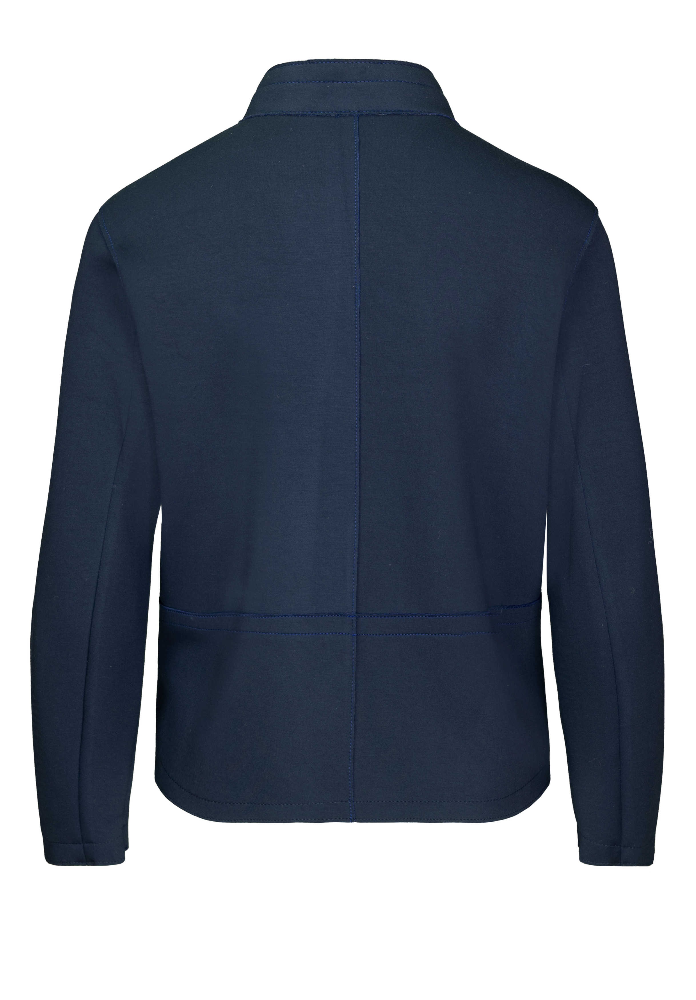 Marineblaue, langärmelige Jacke, von hinten gesehen, mit geradem Saum, Nahtdetails in der Mitte und an der Taille sowie einem einfachen Kragen.