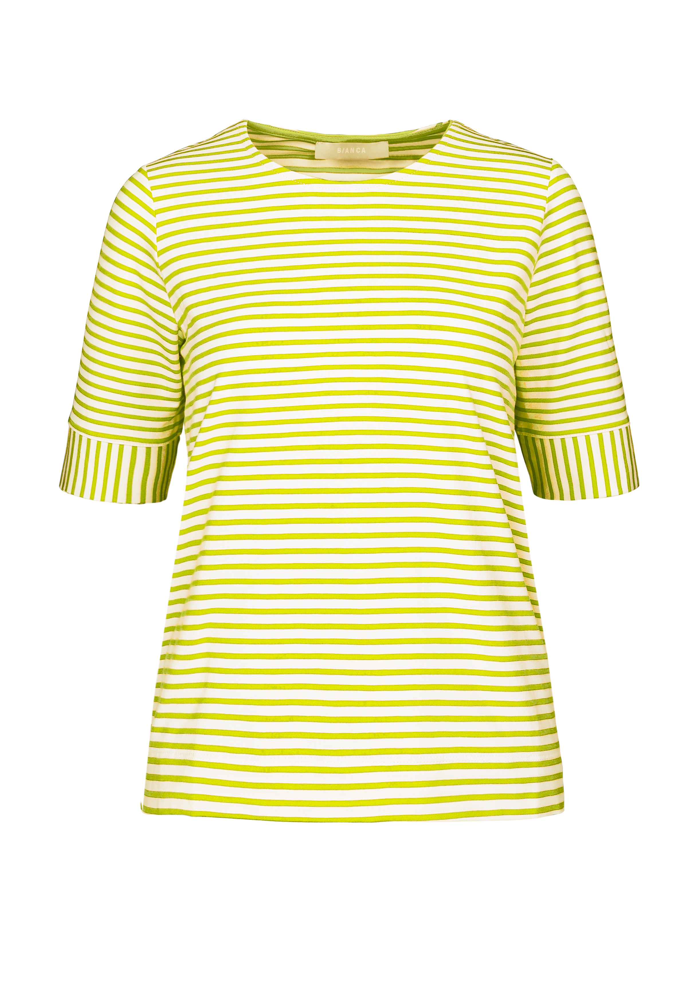 Ein kurzärmeliges T-Shirt mit Rundhalsausschnitt und horizontalen gelben und weißen Streifen. An den Ärmelbündchen befinden sich kontrastierende vertikale gelbe und weiße Streifen. Das Shirt ist auf einem einfarbig weißen Hintergrund abgebildet.