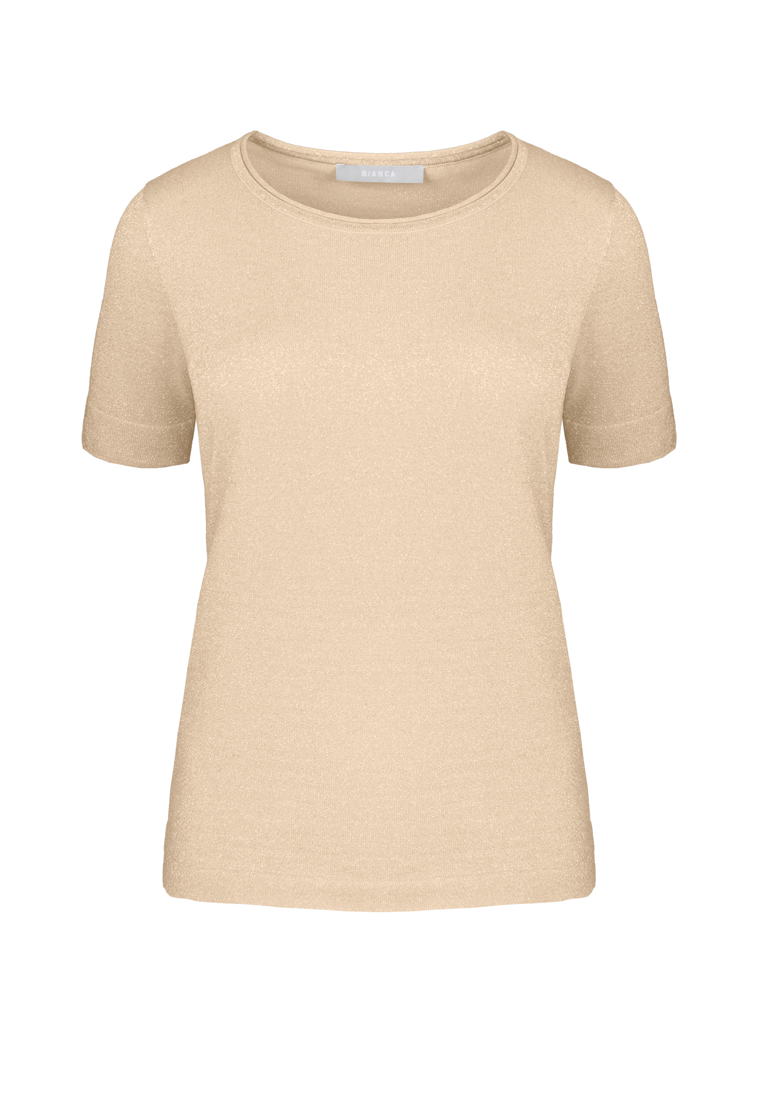 Ein schlichtes, kurzärmeliges, beigefarbenes T-Shirt wird vor einem weißen Hintergrund gezeigt. Das Shirt hat einen Rundhalsausschnitt und ein einfaches, klassisches Design ohne sichtbare Muster oder Logos.