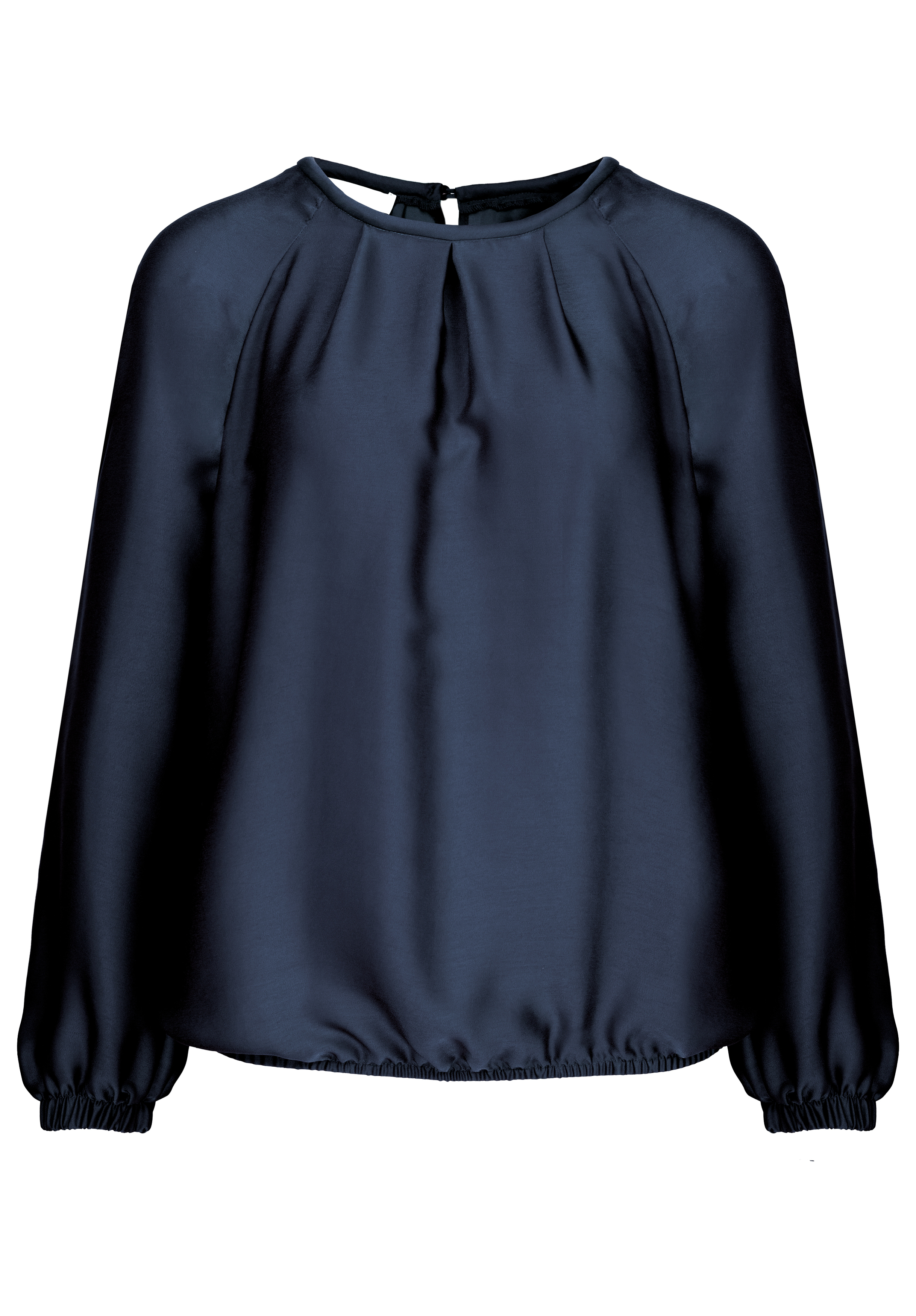 Marineblaue Langarmbluse aus Satin mit Rundhalsausschnitt, leichten Falten an den Schultern und elastischen Bündchen und Saum. Die Rückseite hat eine kleine Schlüssellochöffnung mit Knopfverschluss.