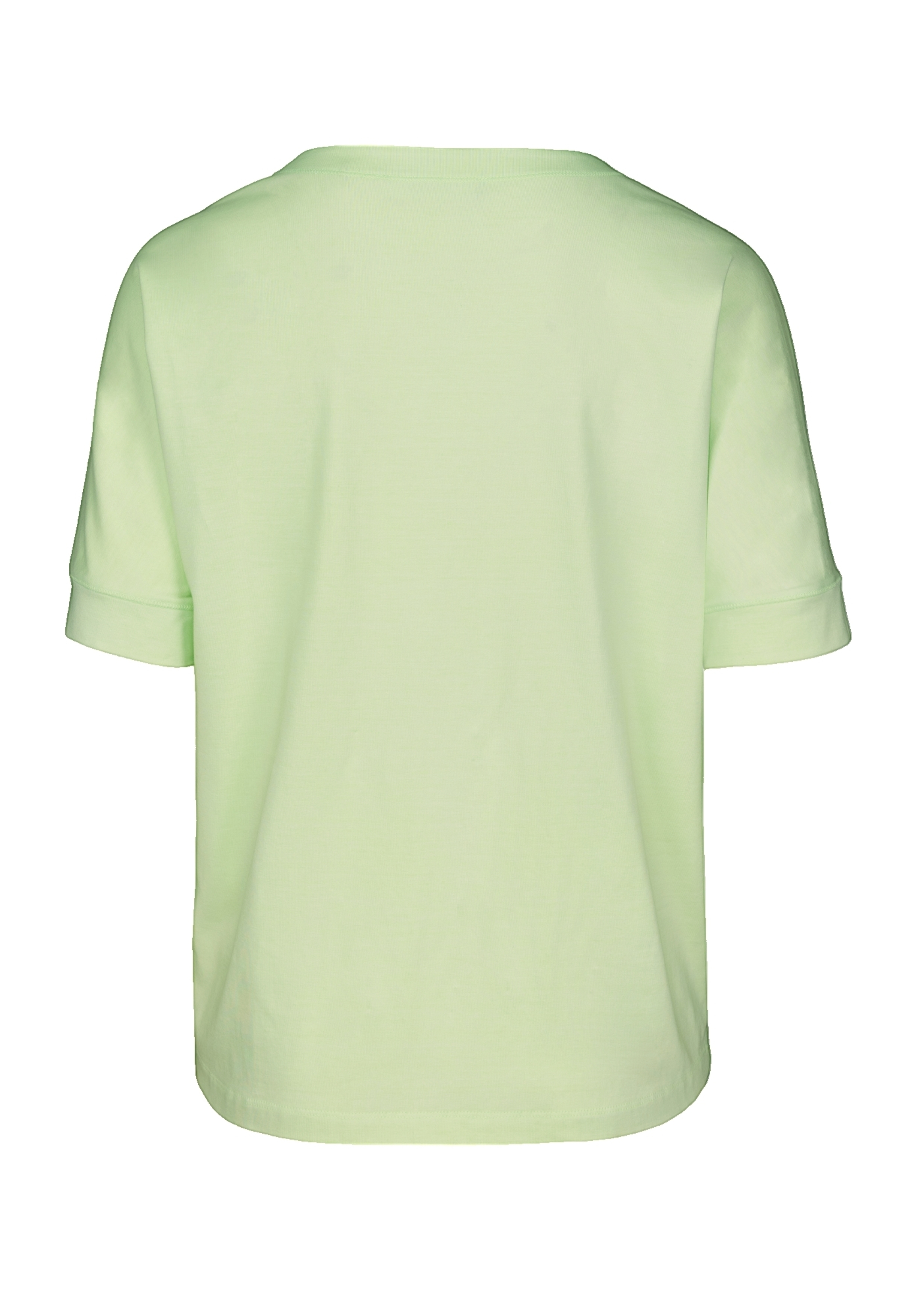 Die Rückseite eines schlichten hellgrünen Kurzarm-T-Shirts zeigt ein einfaches Design ohne sichtbare Logos, Muster oder Verzierungen.