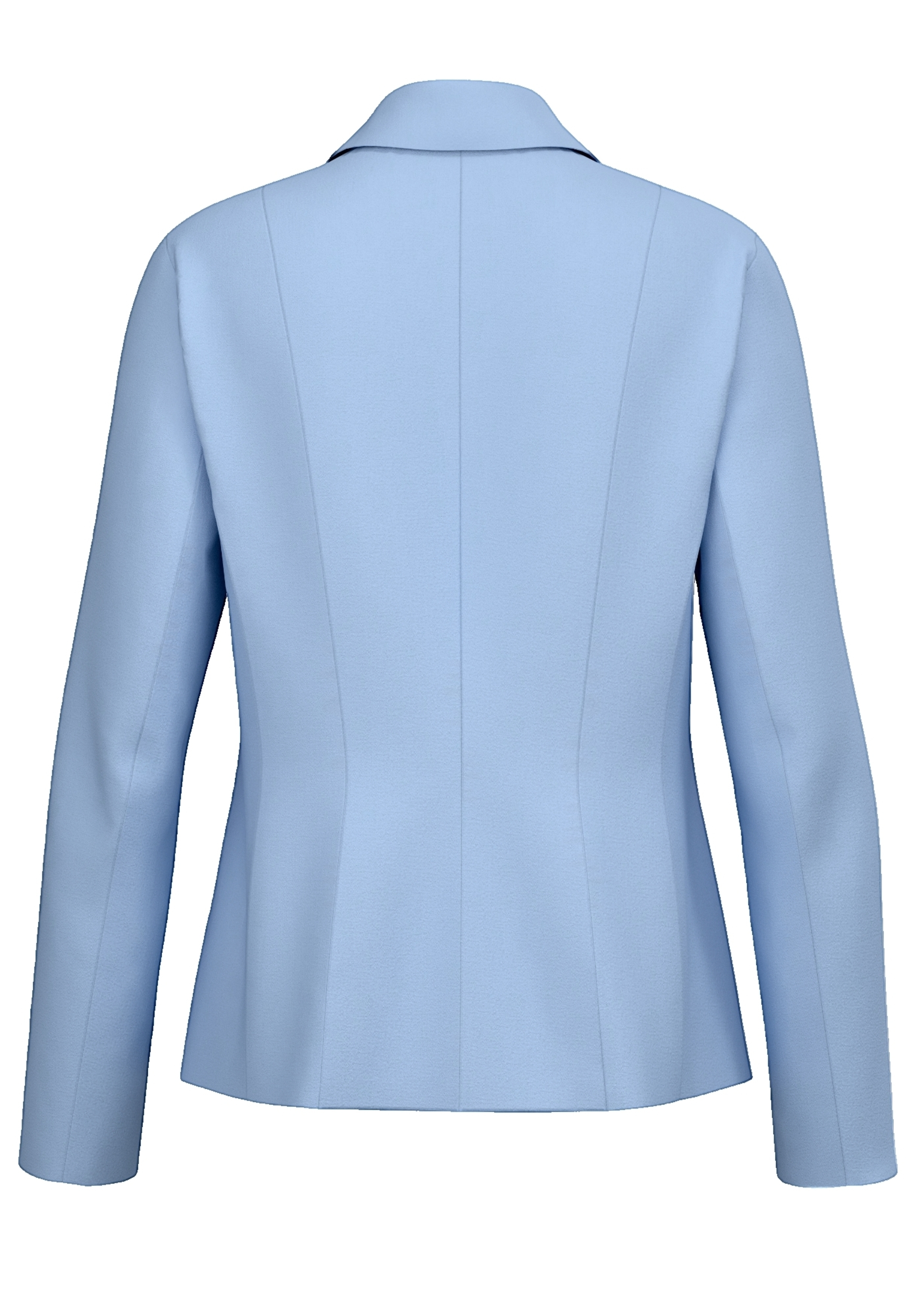 Hellblauer Blazer von hinten betrachtet, mit langen Ärmeln, taillierter Passform mit vertikalen Nahtdetails und klassischem Kragen.