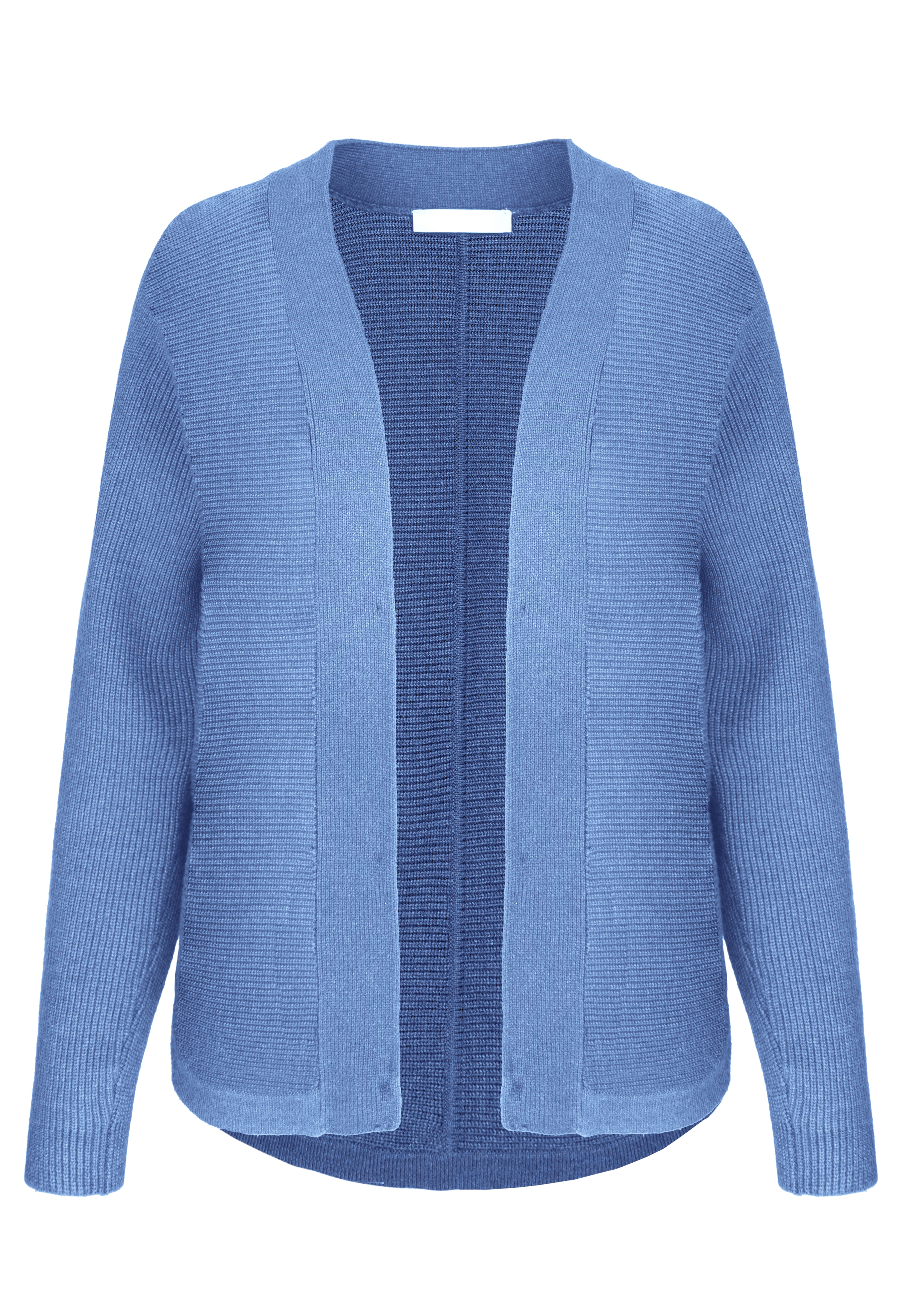 Eine hellblaue, langärmelige Strickjacke mit offener Vorderseite, gerippter Struktur und ohne sichtbare Knöpfe oder Verschlüsse.