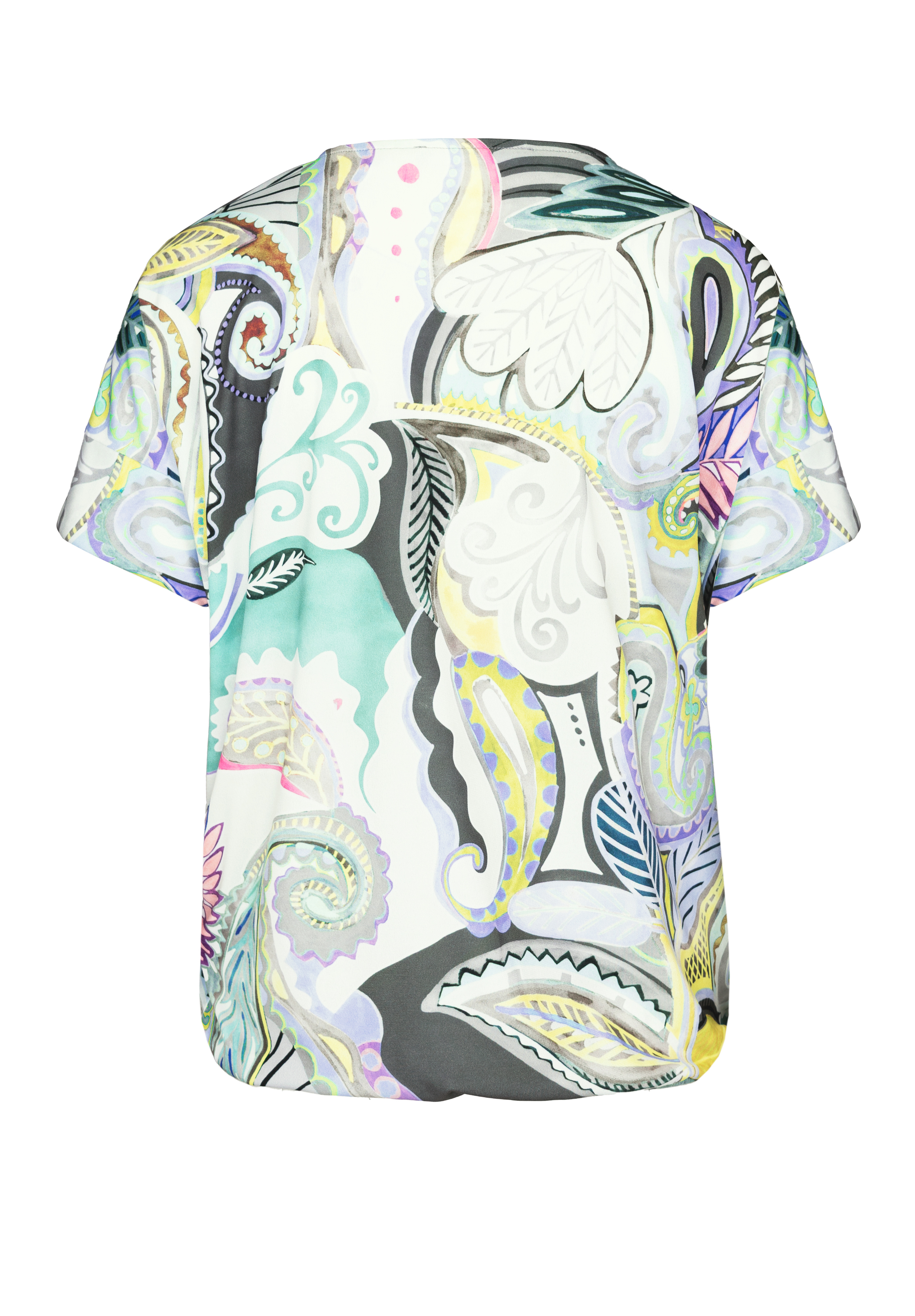 Kurzarmshirt mit buntem, abstraktem Paisleymuster in Grün-, Gelb-, Lila-, Schwarz- und Weißtönen, von der Rückseite abgebildet.