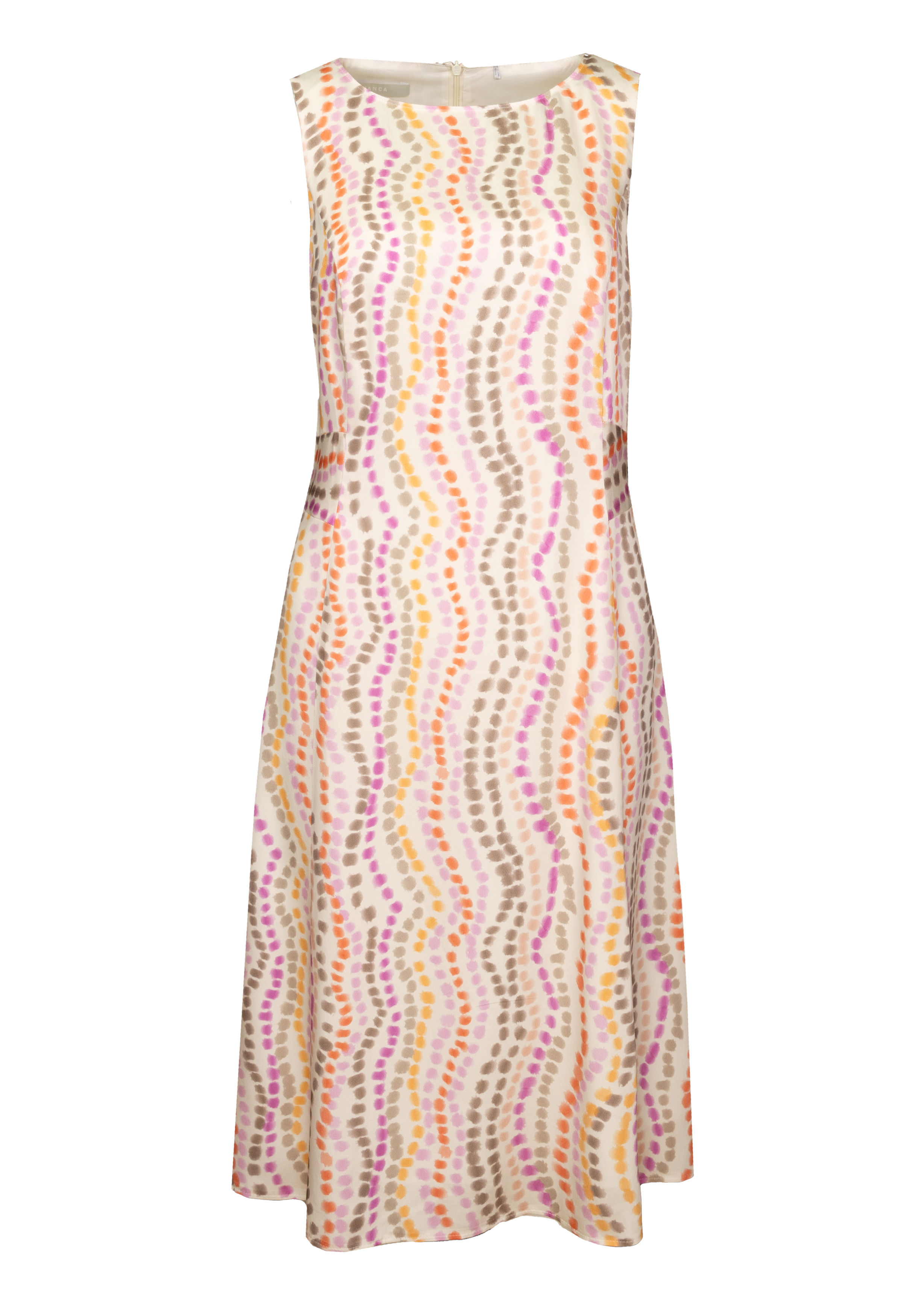 Ärmelloses A-Linien-Kleid mit beigem Grund und einem Muster aus gewellten, gepunkteten Linien in Pink, Orange und Taupe. Das Kleid hat einen runden Ausschnitt und einen knielangen Saum.