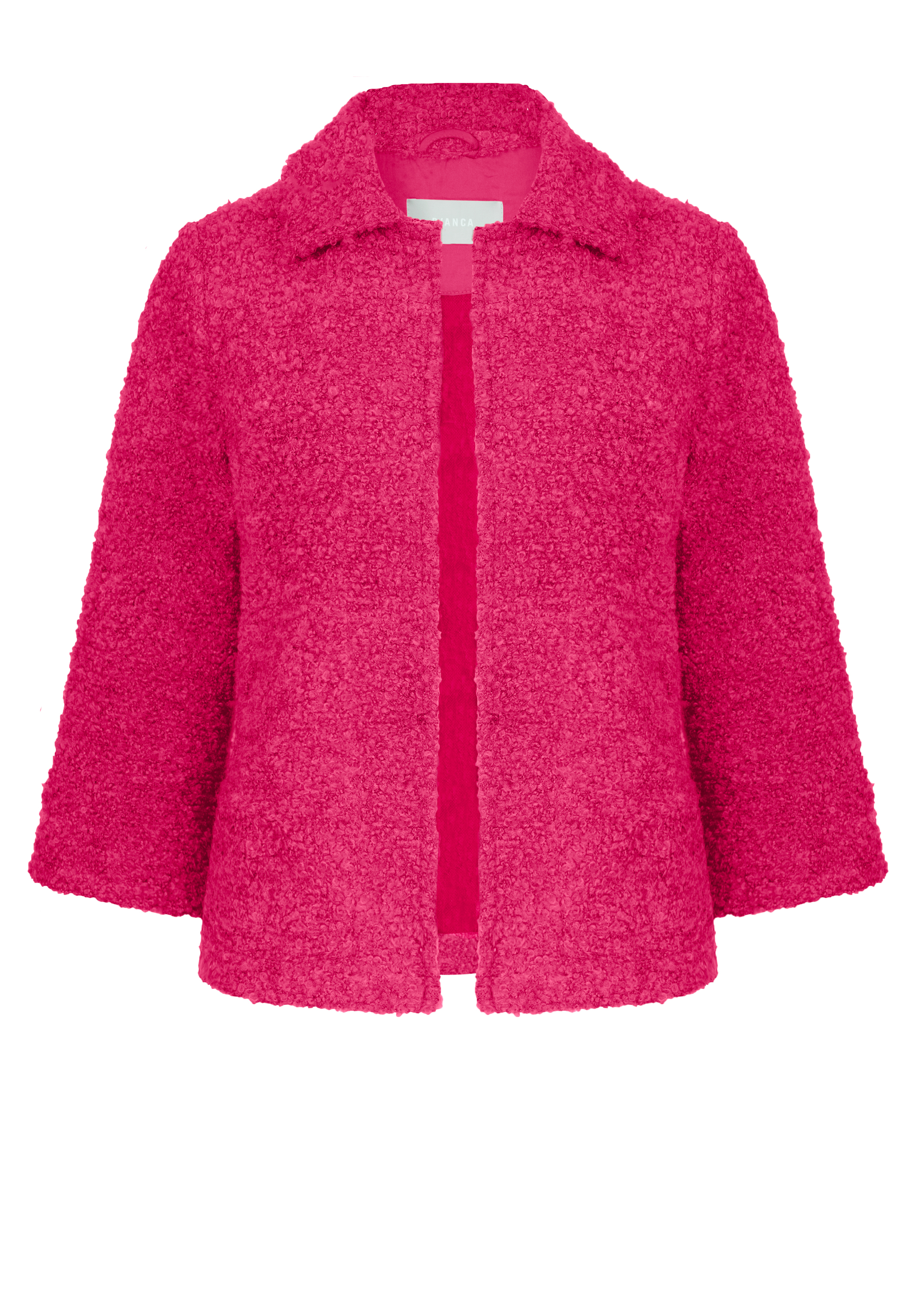 Leuchtend rosafarbene, strukturierte Bouclé-Jacke mit breitem Kragen und offener Vorderseite, mit langen Ärmeln und leicht ausgestelltem Saum.