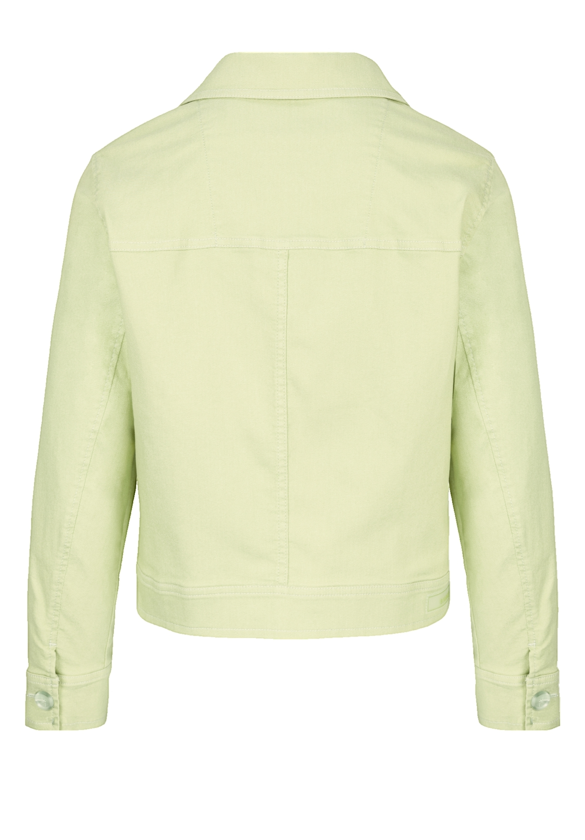 Eine hellgrüne Jeansjacke von hinten gezeigt, mit langen Ärmeln, geradem Saum und Nahtdetails an Schultern und Rücken.