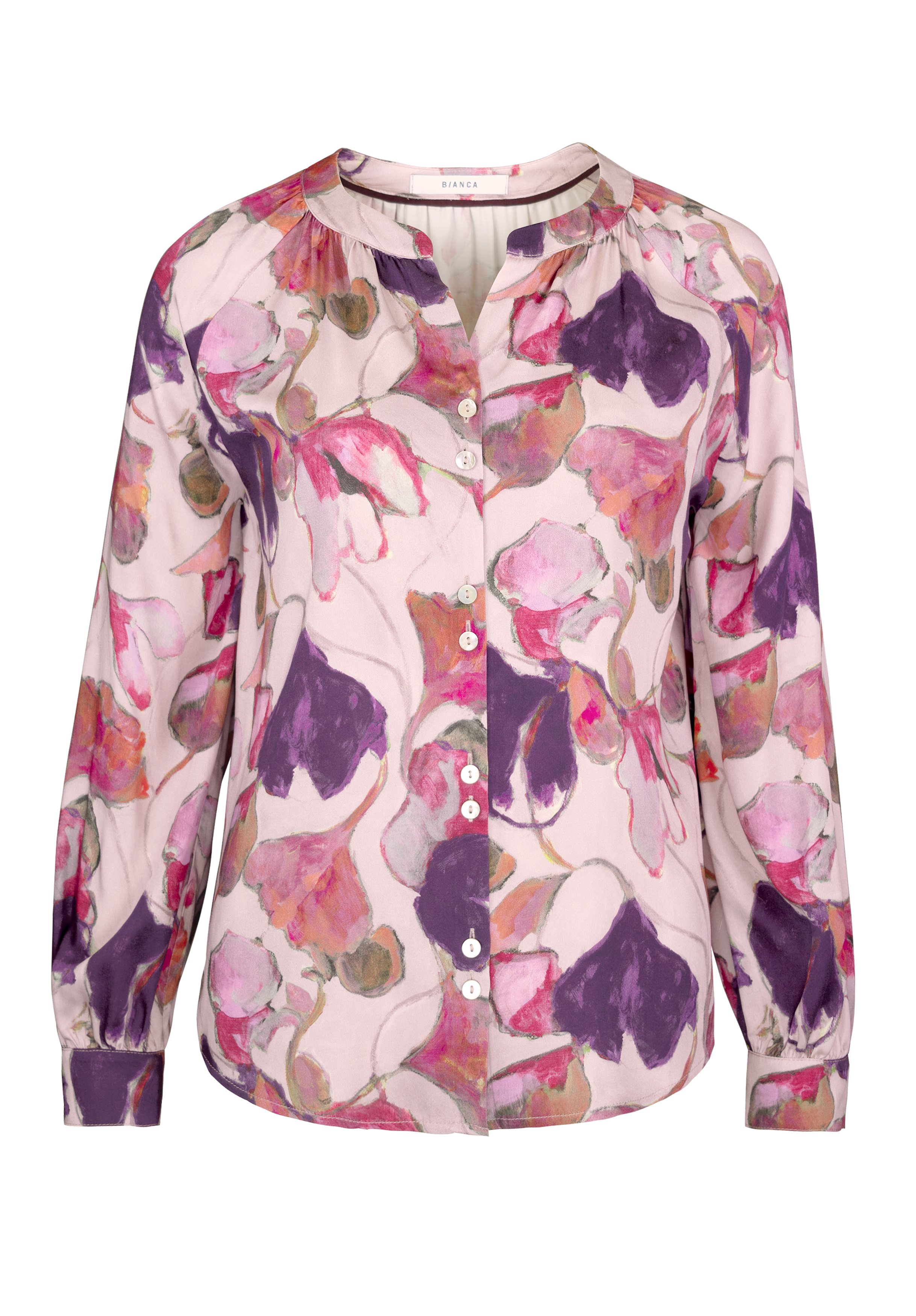 Langärmelige Bluse mit Aquarell-Blumenmuster in Rosa-, Lila- und Pfirsichtönen, mit weißen Knöpfen auf der Vorderseite und Rundhalsausschnitt.