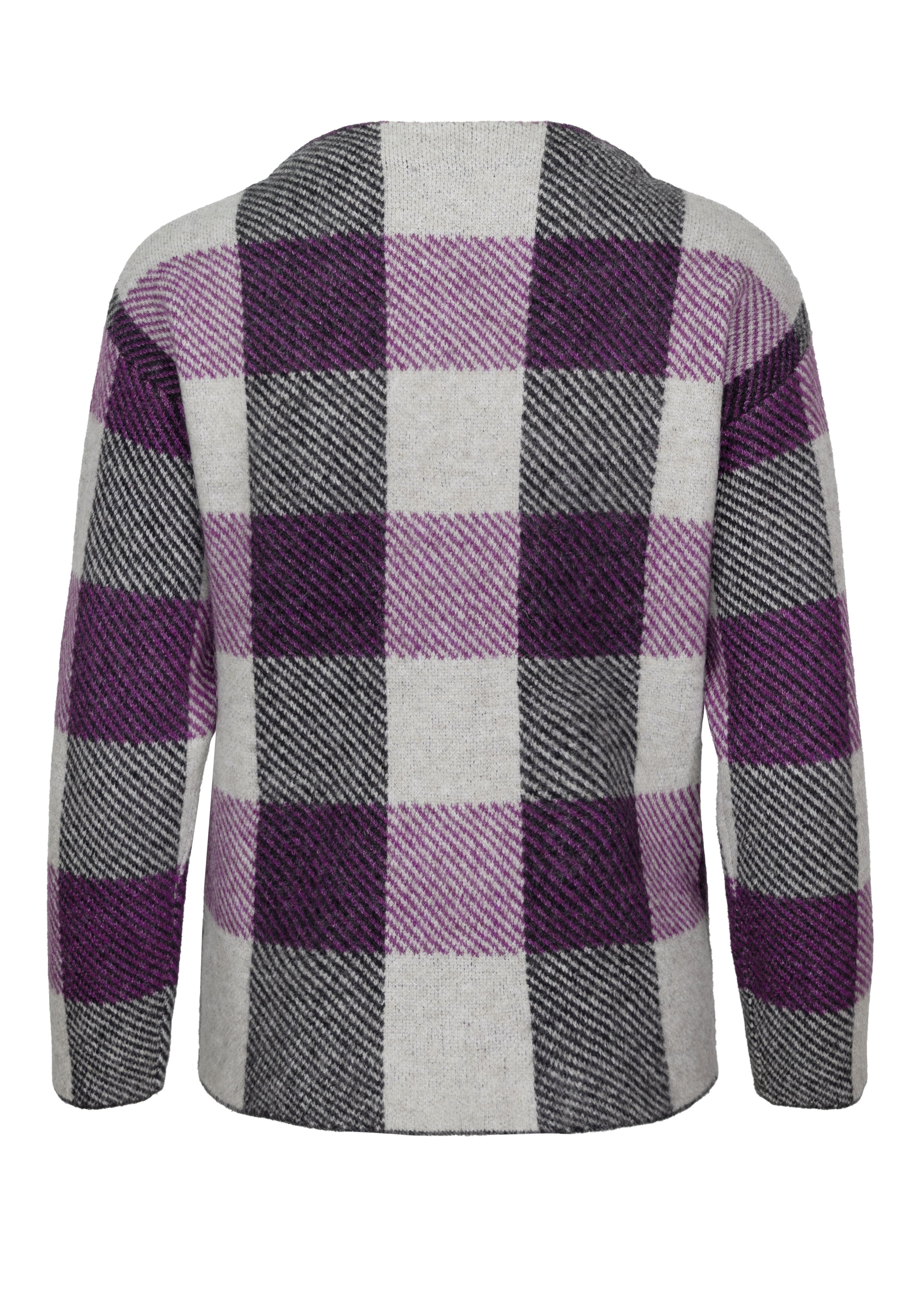 Ein Langarmpullover mit einem großen Karomuster in Lila, Schwarz und Weiß, von hinten betrachtet.