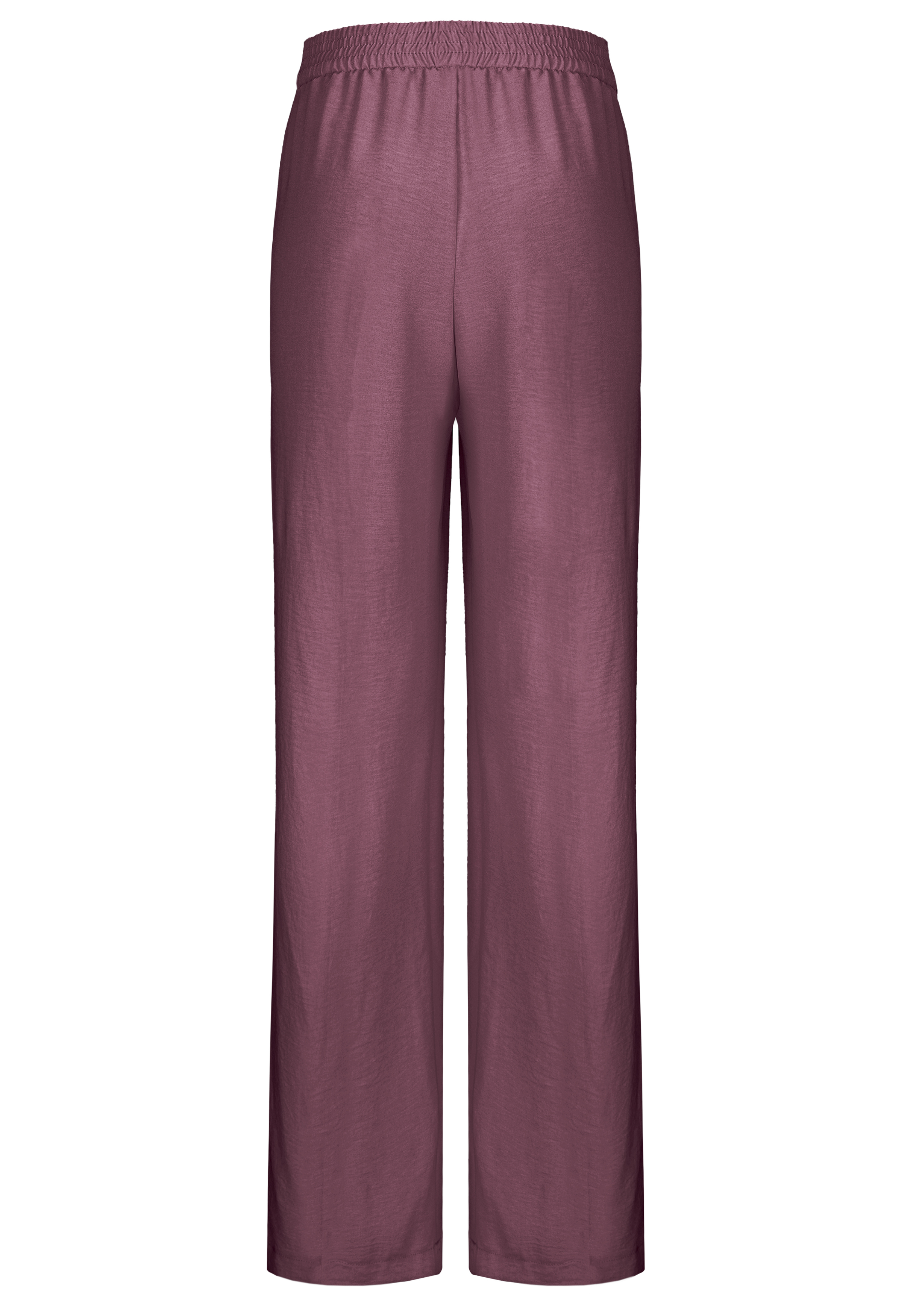 Rückenansicht einer locker sitzenden, lilafarbenen Hose mit elastischem Bund und geradem Bein, dargestellt auf einem einfarbig weißen Hintergrund.