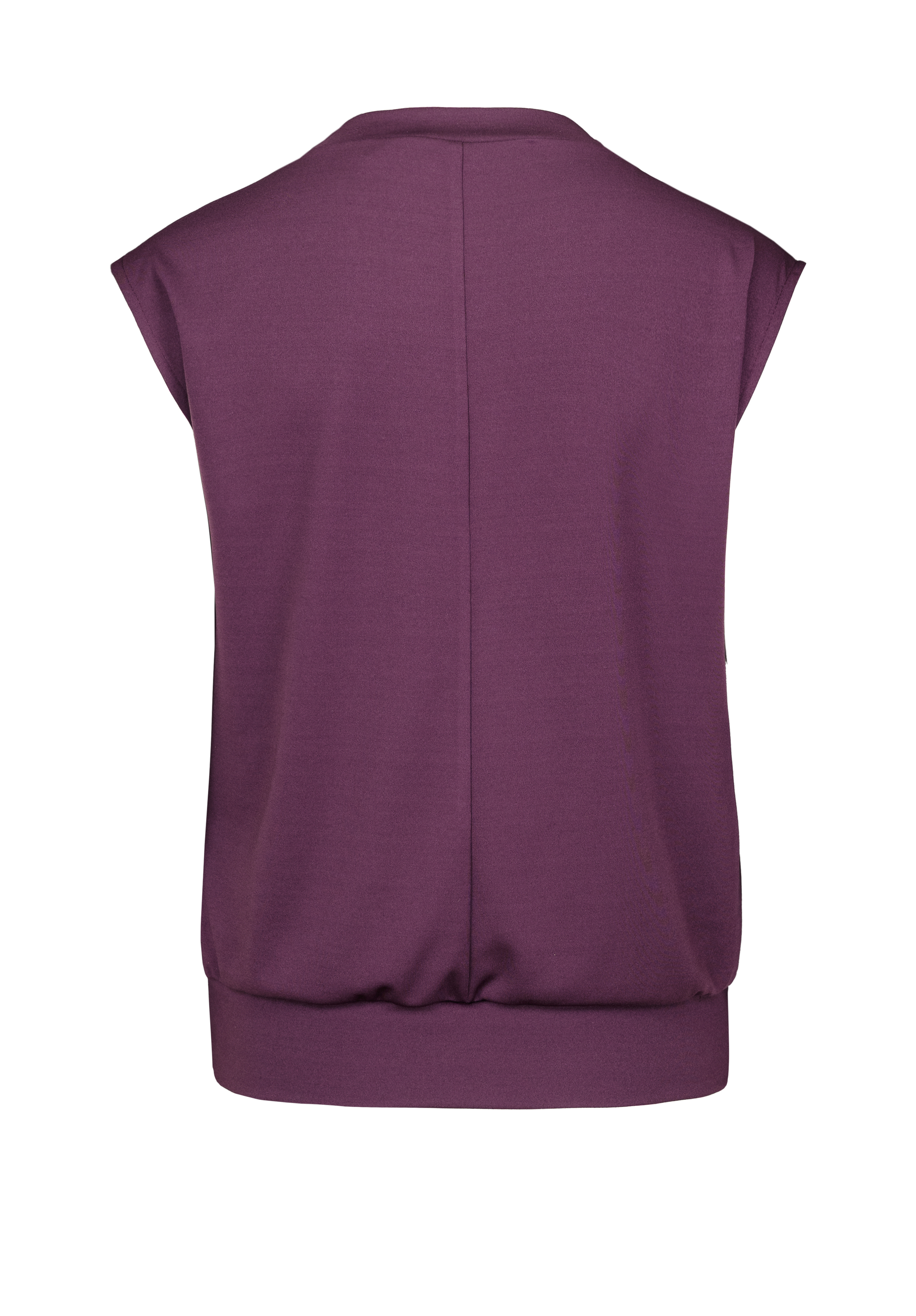 Lila ärmelloses Oberteil in Rückenansicht, mit lockerer Passform, weiten Armlöchern und einem geraden Saum in der Mitte, mit leicht gerafftem Saum.