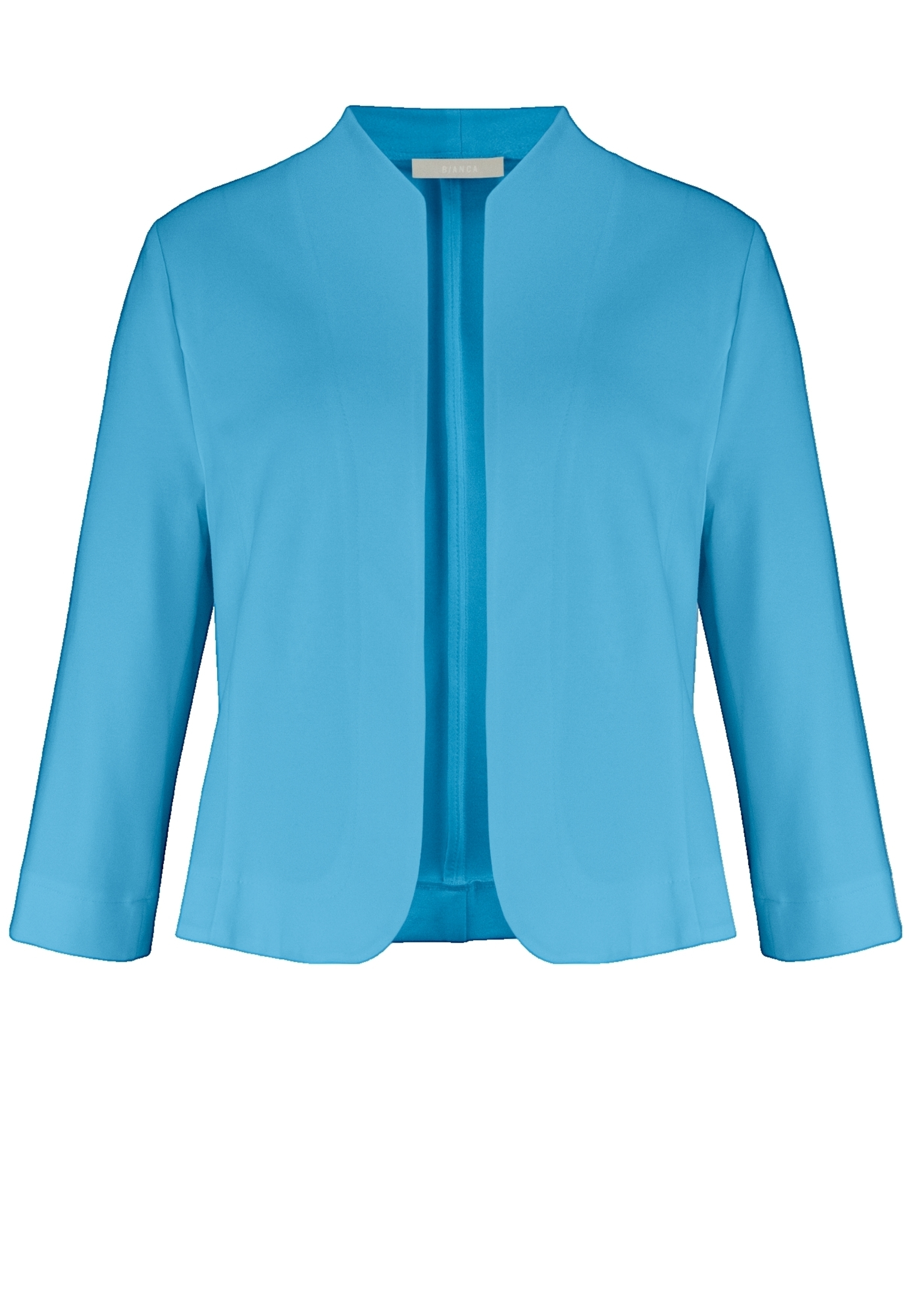 Ein hellblauer, kurzer Blazer mit Dreiviertelärmeln und offener Vorderseite, abgebildet auf weißem Hintergrund.