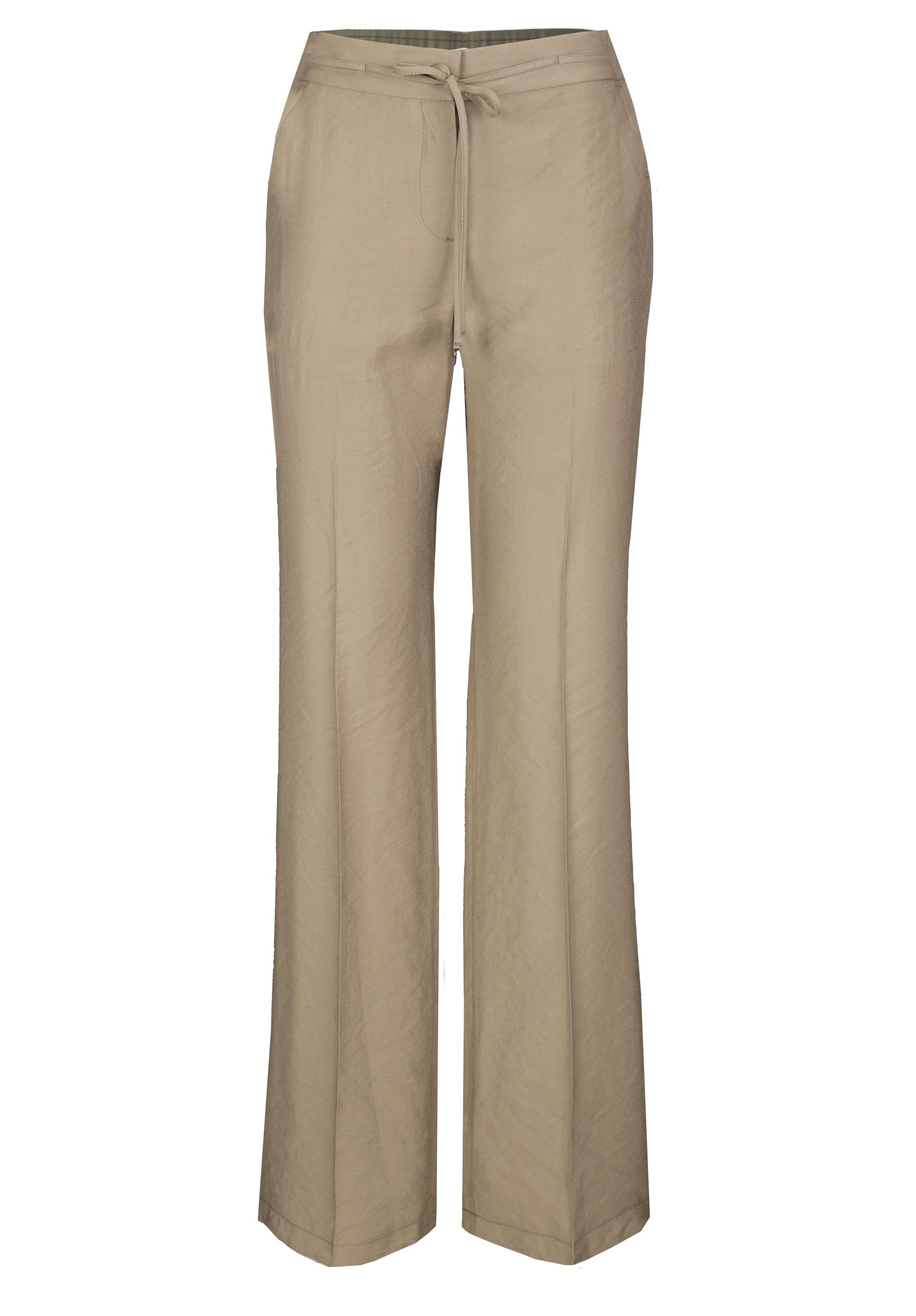 Beige Leinenhose mit weitem Bein und Kordelzug in der Taille, abgebildet auf schlichtem weißem Hintergrund.