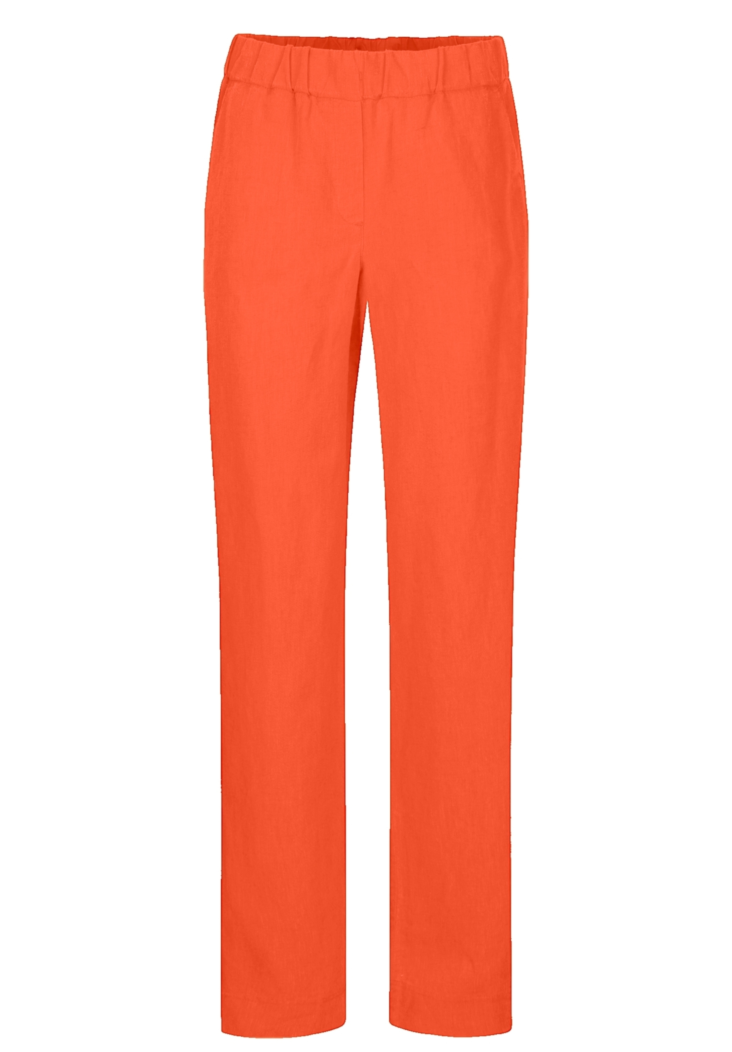 Leuchtend orangefarbene Hose mit geradem Bein und elastischem Bund vor weißem Hintergrund.