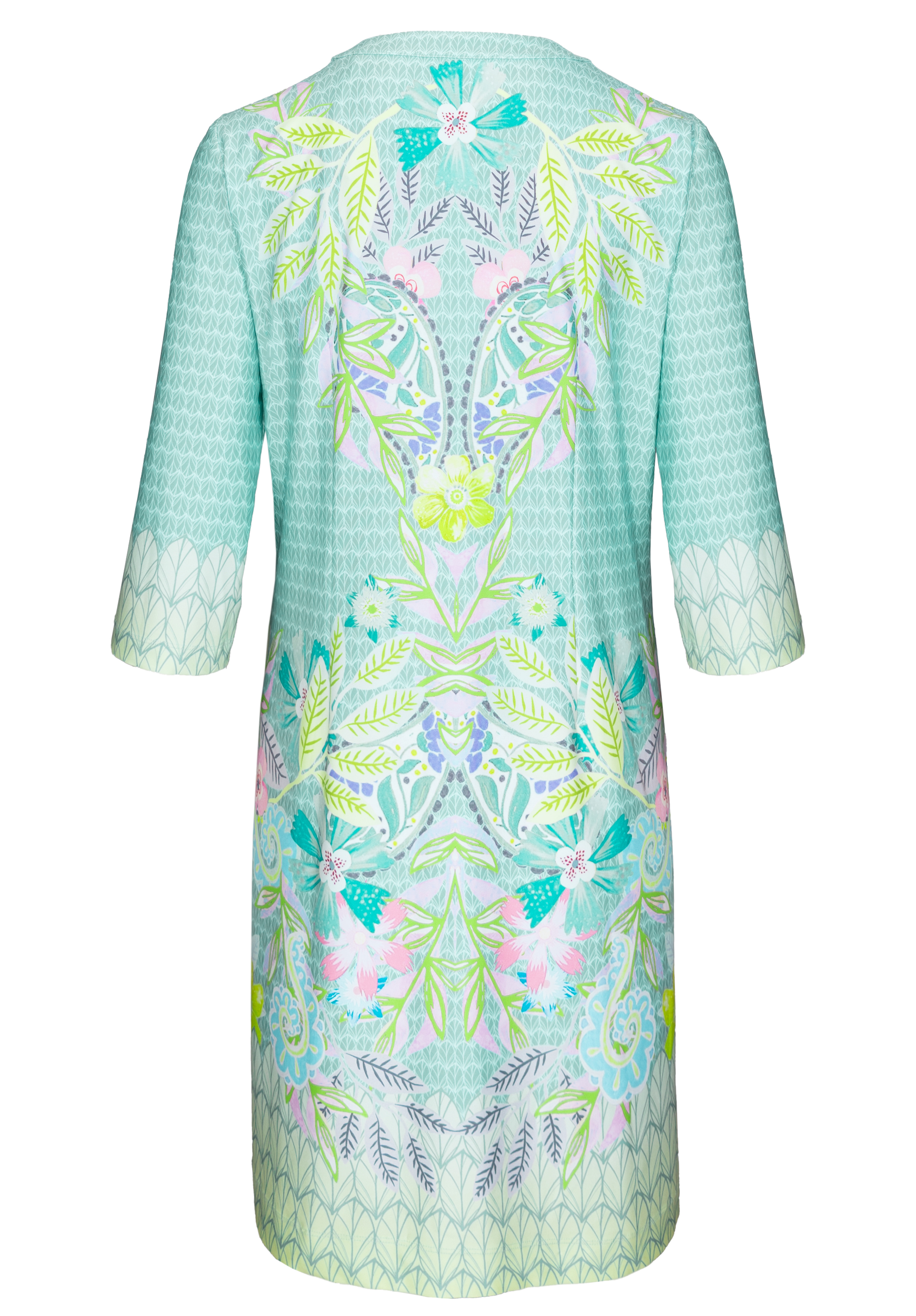 Ein knielanges, hellblaues Kleid mit halblangen Ärmeln und einem komplizierten Blumen- und Blattmuster in Grün-, Gelb-, Rosa- und Lilatönen auf der Rückseite.