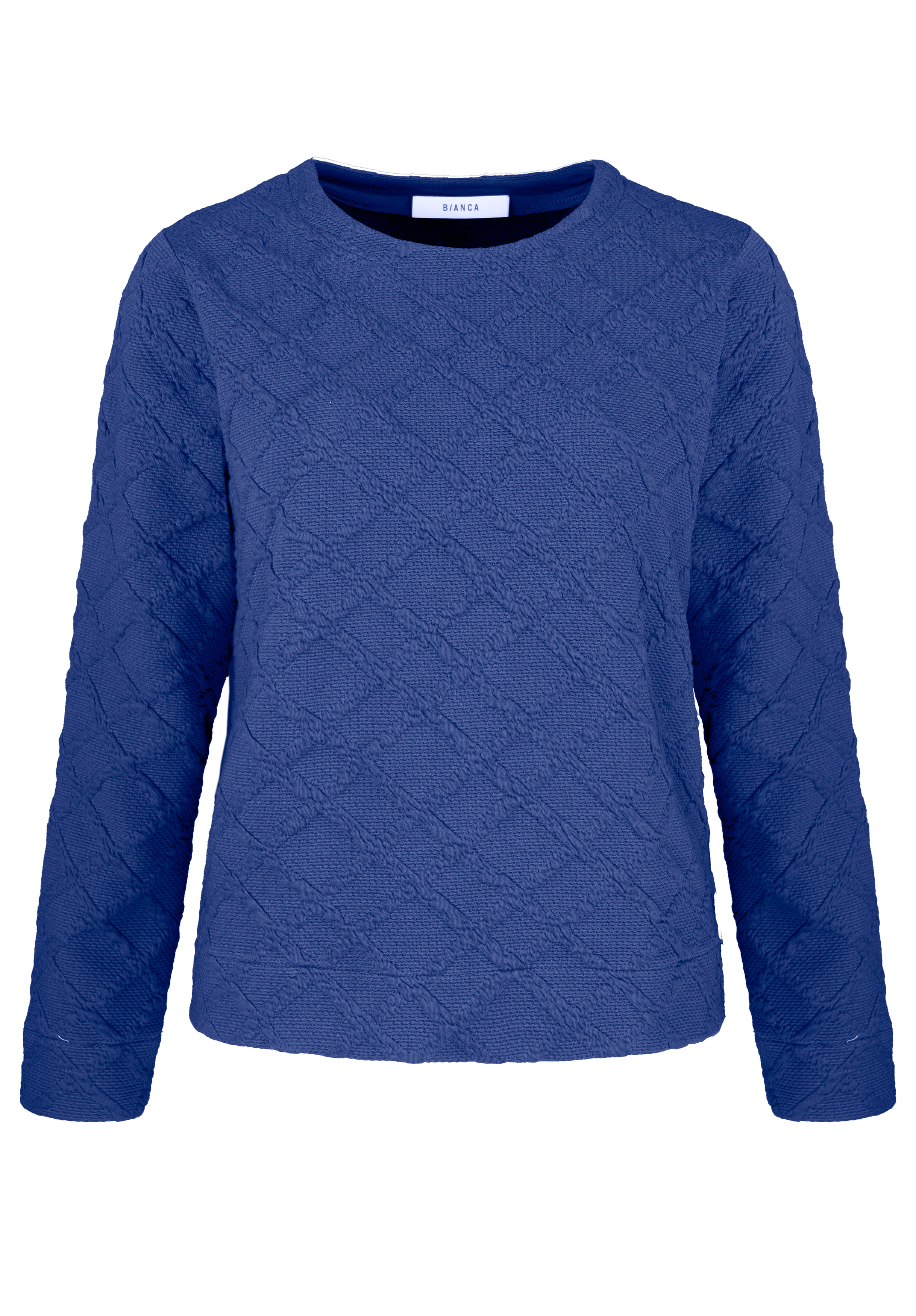 Blauer, langärmeliger, strukturierter Pullover mit Rundhalsausschnitt und dezentem Rautenmuster auf weißem Grund.