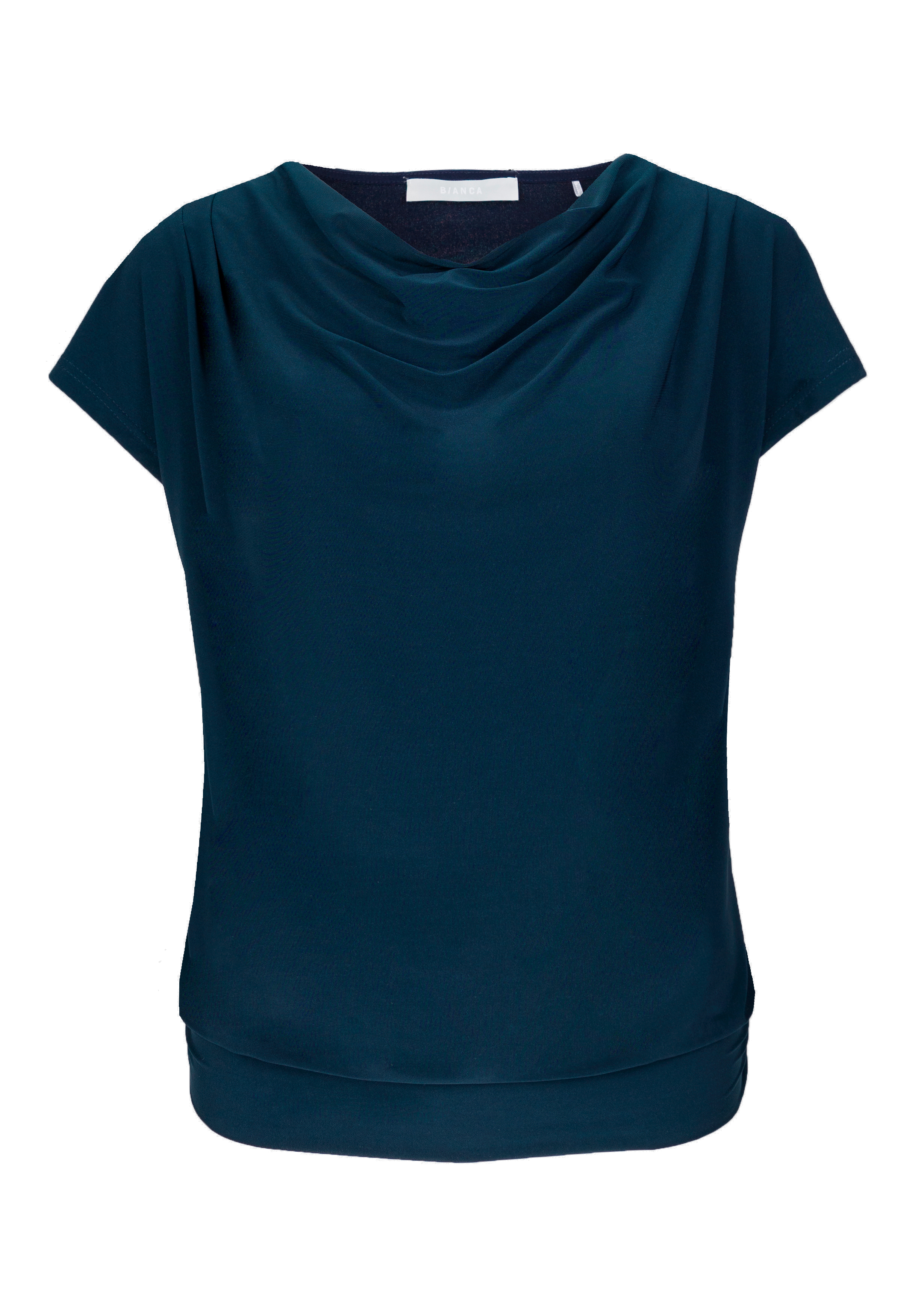Eine dunkelblaugrüne, kurzärmelige Bluse mit drapiertem Cowl-Ausschnitt und tailliertem Saum, präsentiert vor einem schlichten weißen Hintergrund.