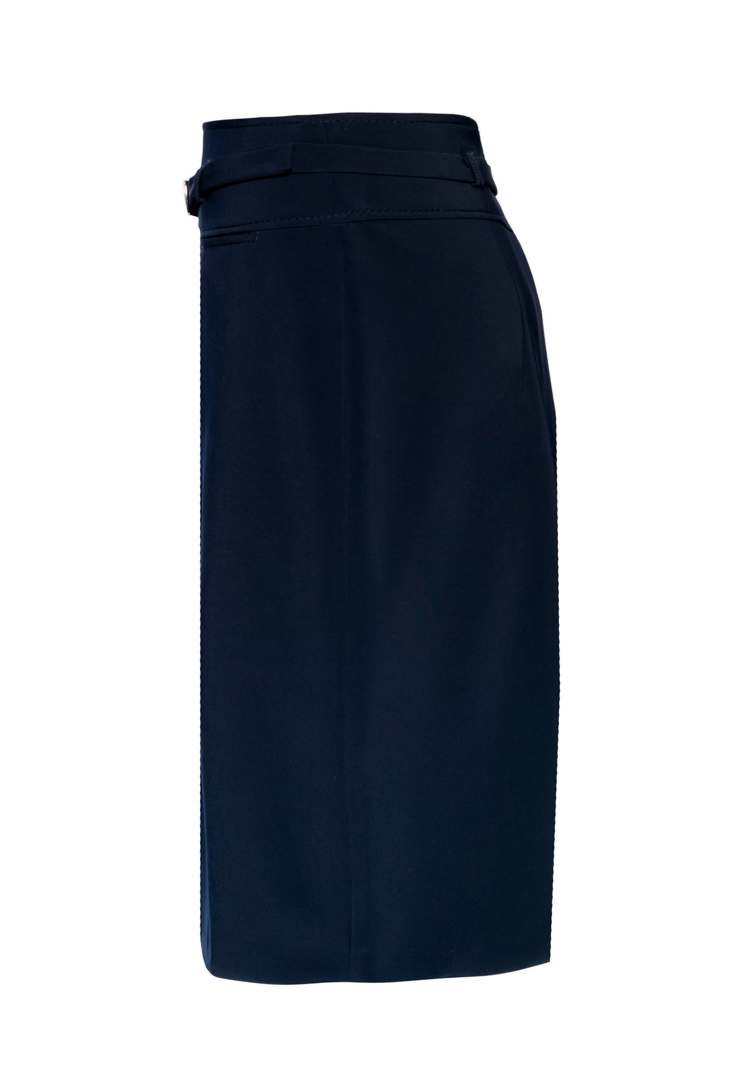 Seitenansicht eines dunklen, marineblauen Bleistiftrocks mit hoher Taille und Gürtelschlaufen, isoliert auf weißem Hintergrund.