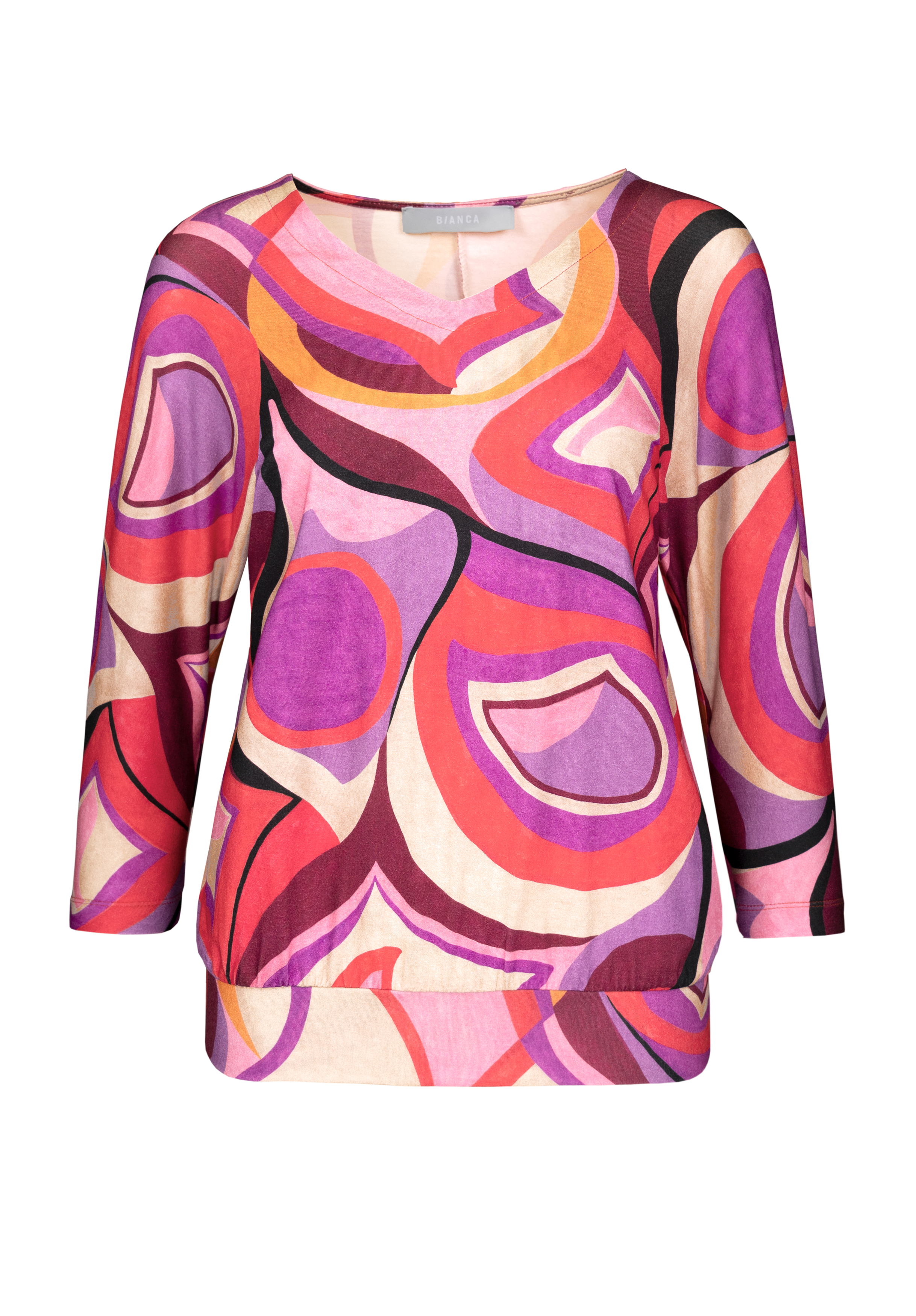 Farbenfrohes Damentop mit Dreiviertelärmeln und abstraktem Muster in Rosa-, Lila-, Rot-, Orange- und Cremetönen. Das Design besticht durch geschwungene Formen und eine lockere Passform.