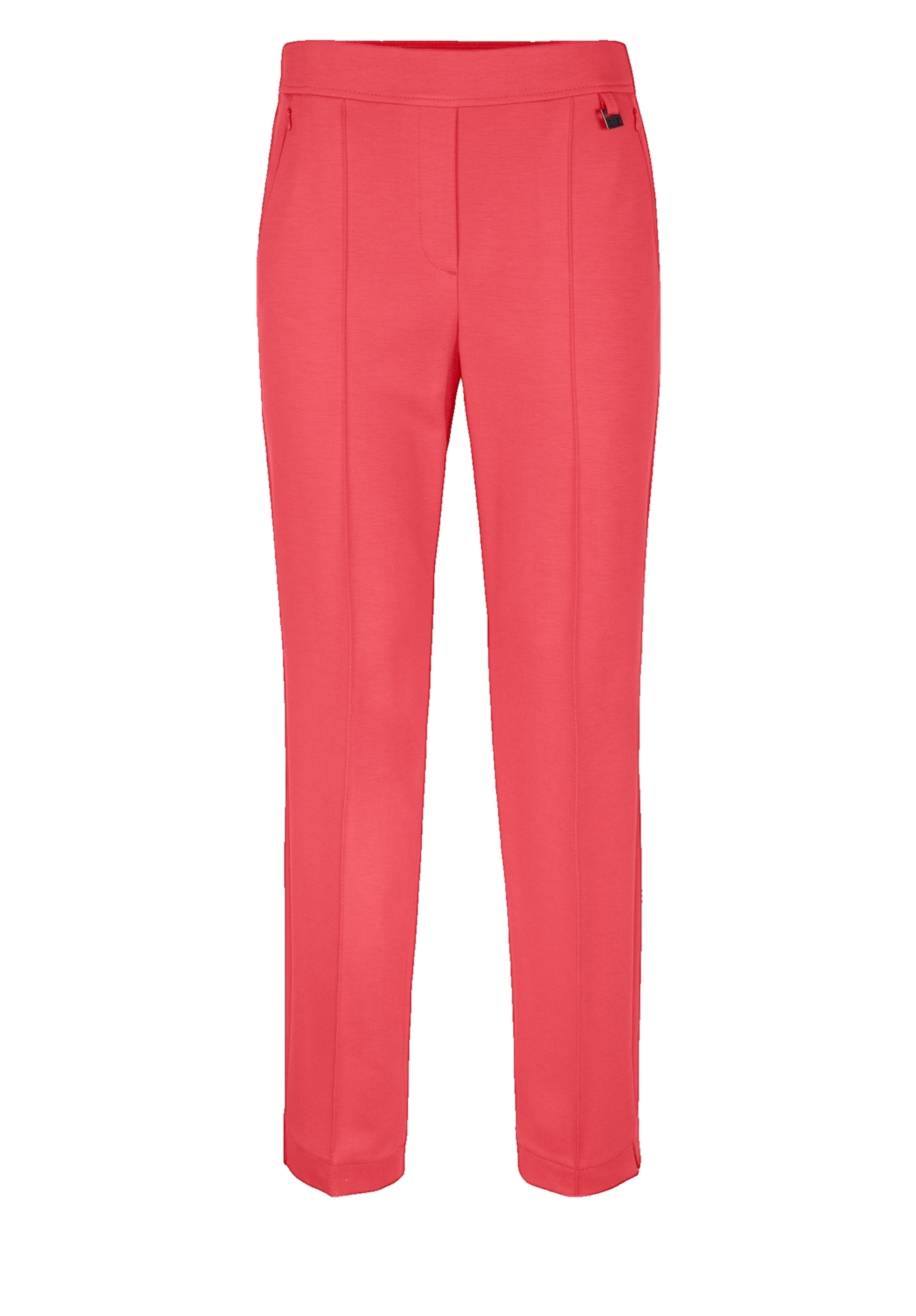 Helle, korallenrosa Hose mit geradem Bein und taillierter Passform, flachem Bund und Nahtdetails auf der Vorderseite. Die Hose hat ein kleines dekoratives Etikett in der Nähe der linken Taille.