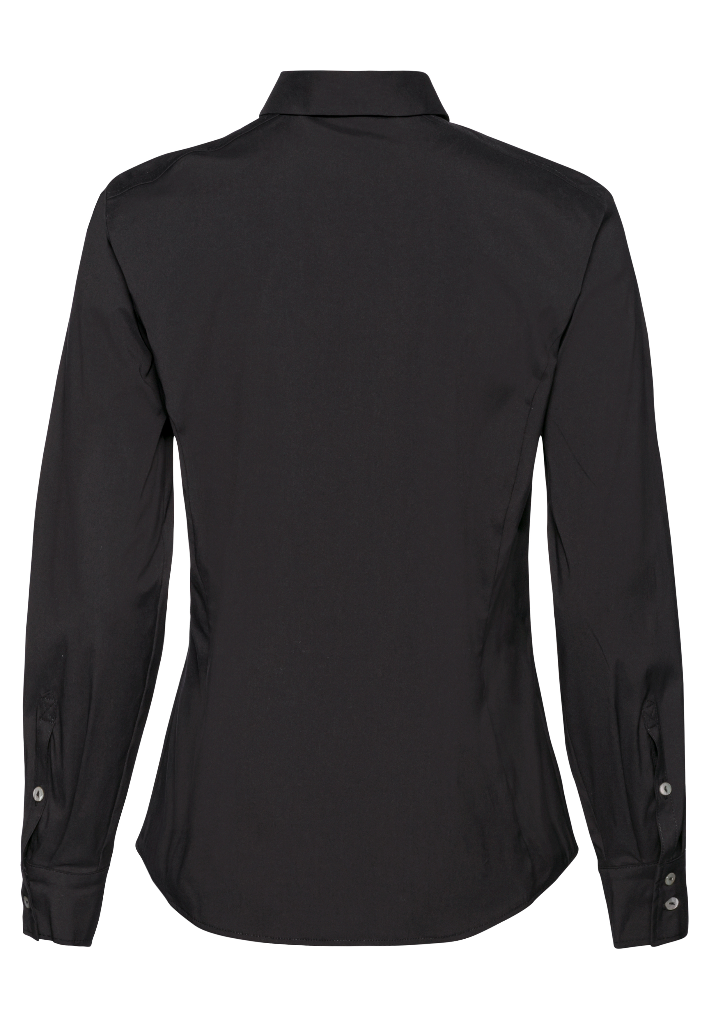 Schwarze, langärmelige Bluse mit Knopfmanschette, von hinten gesehen. Die Bluse hat eine taillierte Passform mit Kragen und abgerundetem Saum.