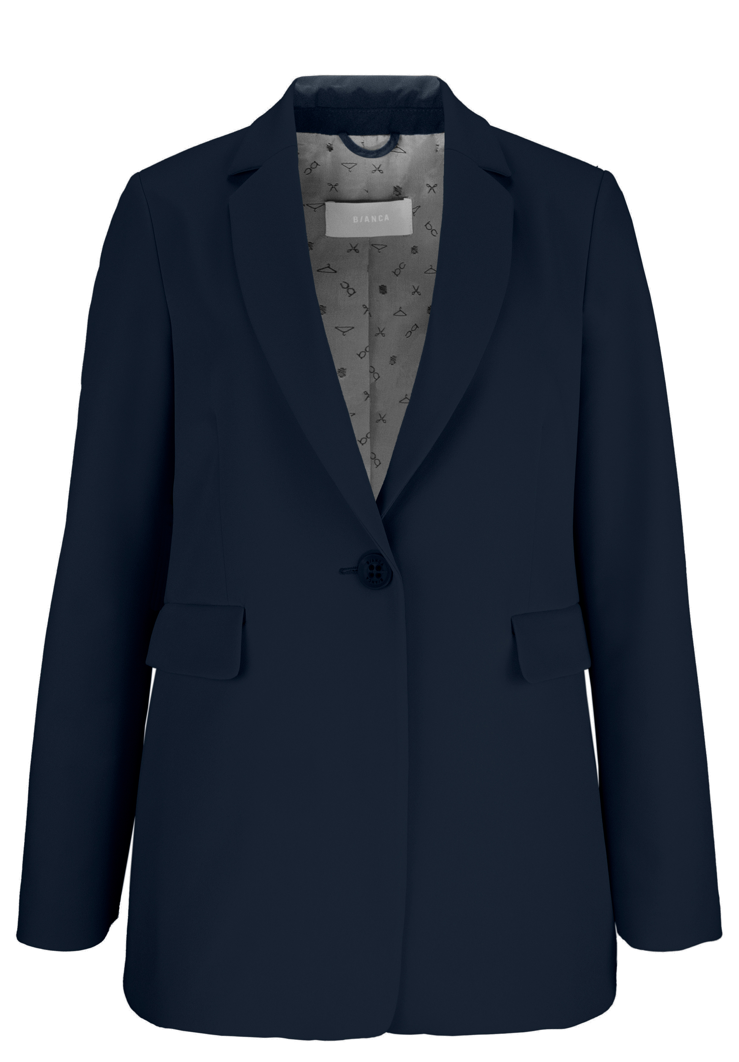 Marineblauer Damenblazer mit einem Knopfverschluss, gekerbtem Revers, zwei Pattentaschen vorne und einem hellgrau gemusterten Innenfutter.