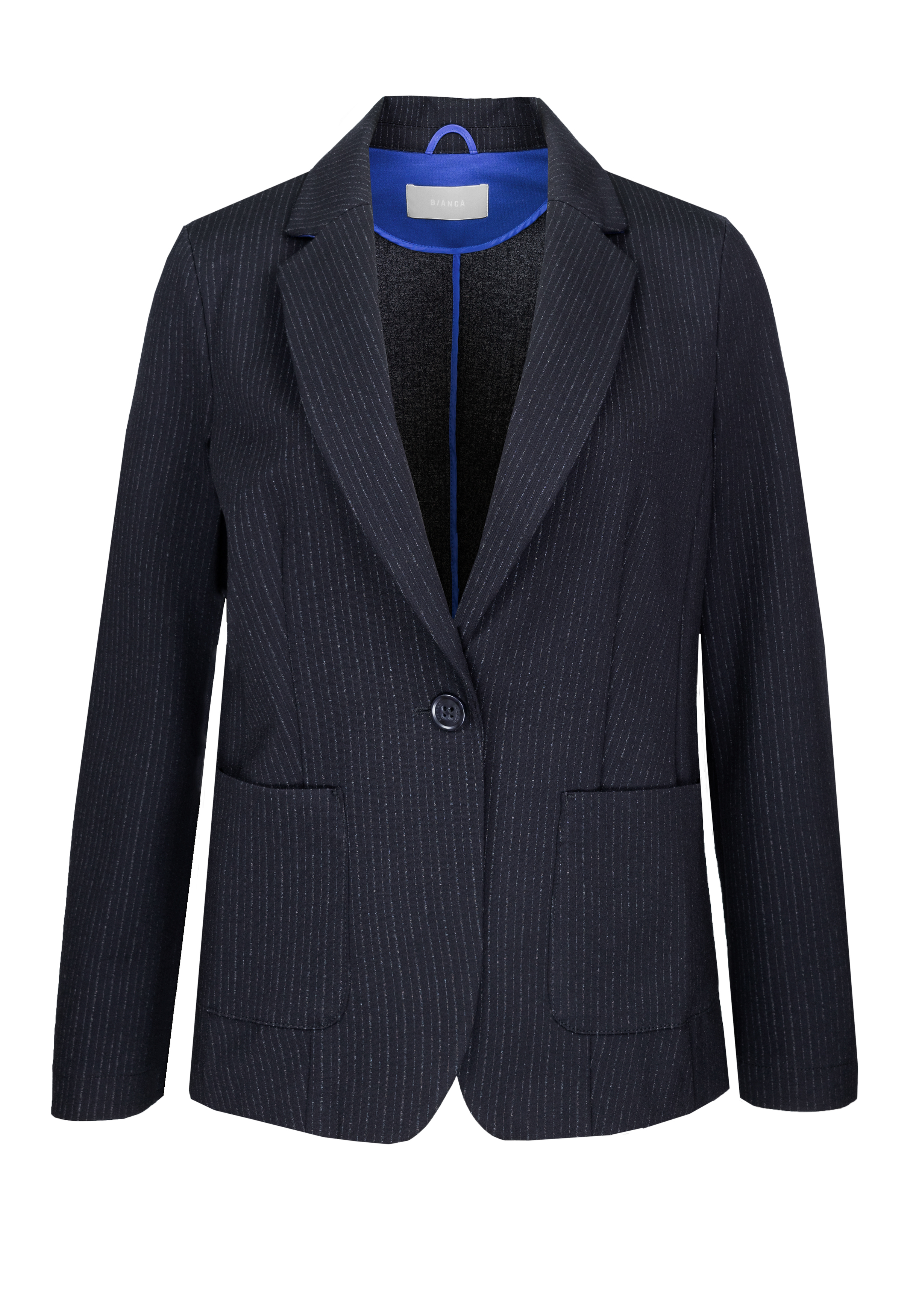 Ein maßgeschneiderter, dunkelblauer Nadelstreifenblazer mit zwei Vordertaschen, einem Einknopfverschluss, Reverskragen und blauem Innenfutter. Der Blazer ist auf einem schlichten weißen Hintergrund abgebildet.