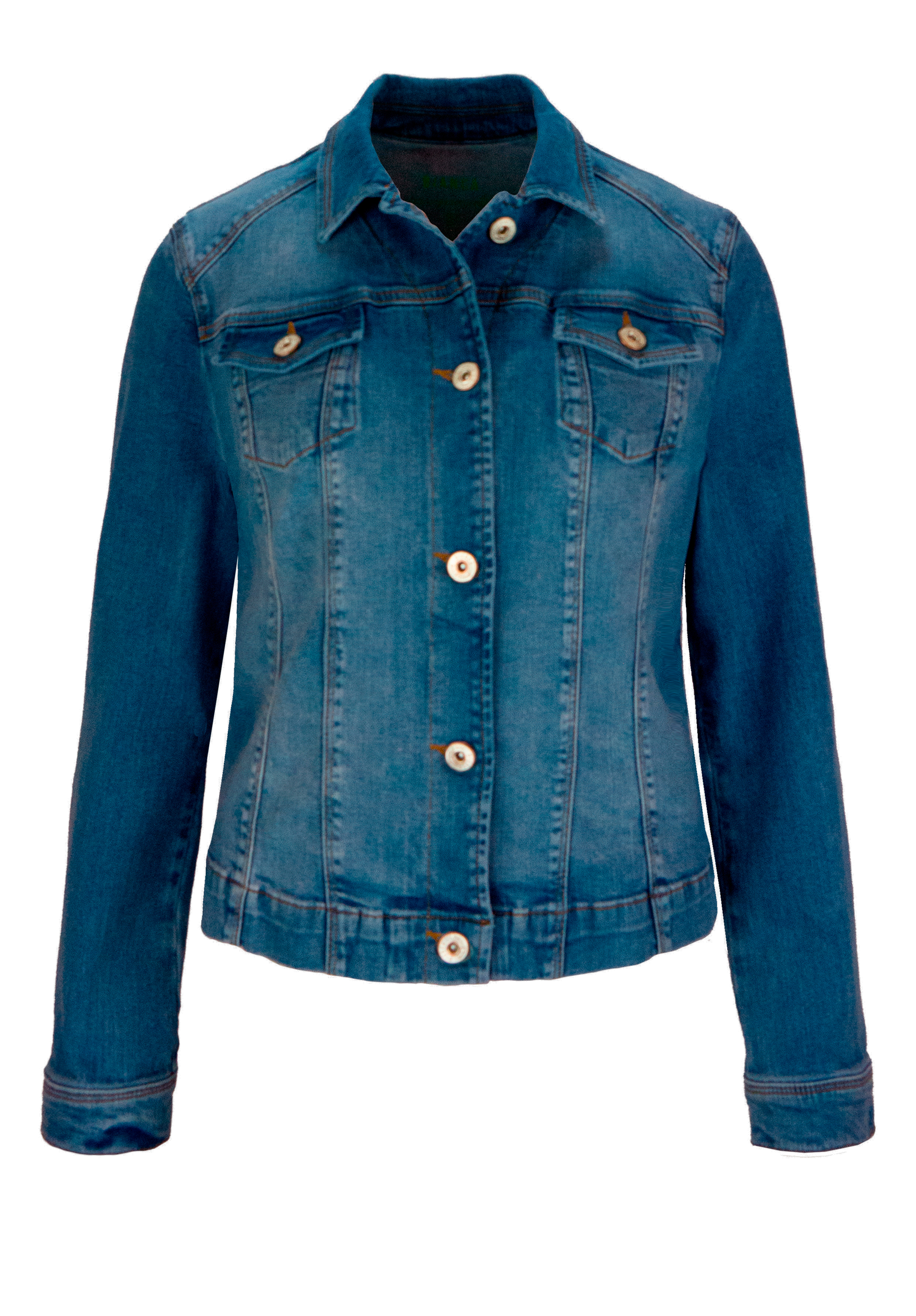 Blaue Jeansjacke mit langen Ärmeln, Knopfverschluss auf der Vorderseite, zwei Brusttaschen mit Klappen und Knöpfen sowie sichtbaren Nahtdetails. Die Jacke ist auf einem schlichten weißen Hintergrund abgebildet.