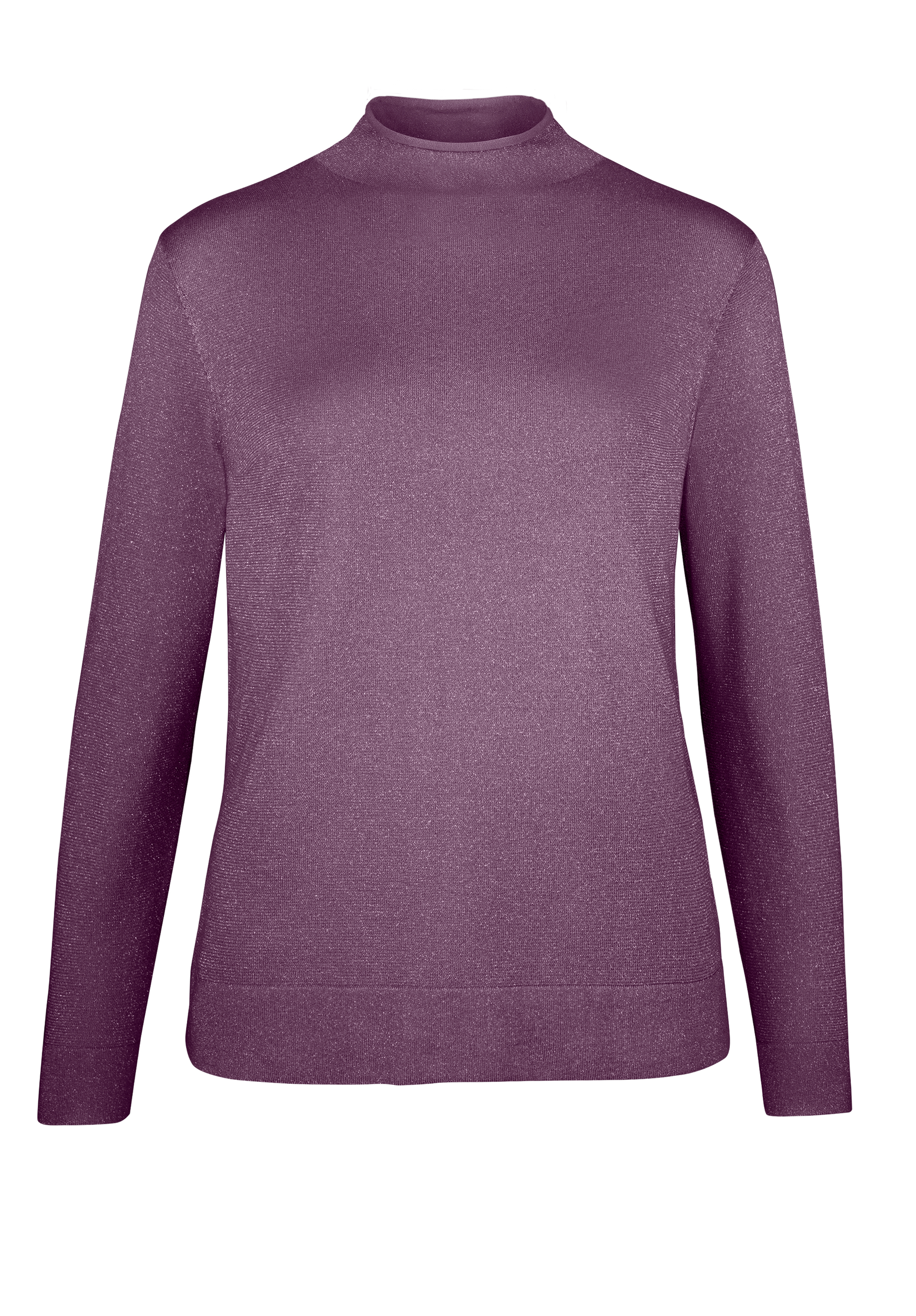 Ein langärmeliger, lilafarbener Pullover mit Rundhalsausschnitt auf weißem Grund.