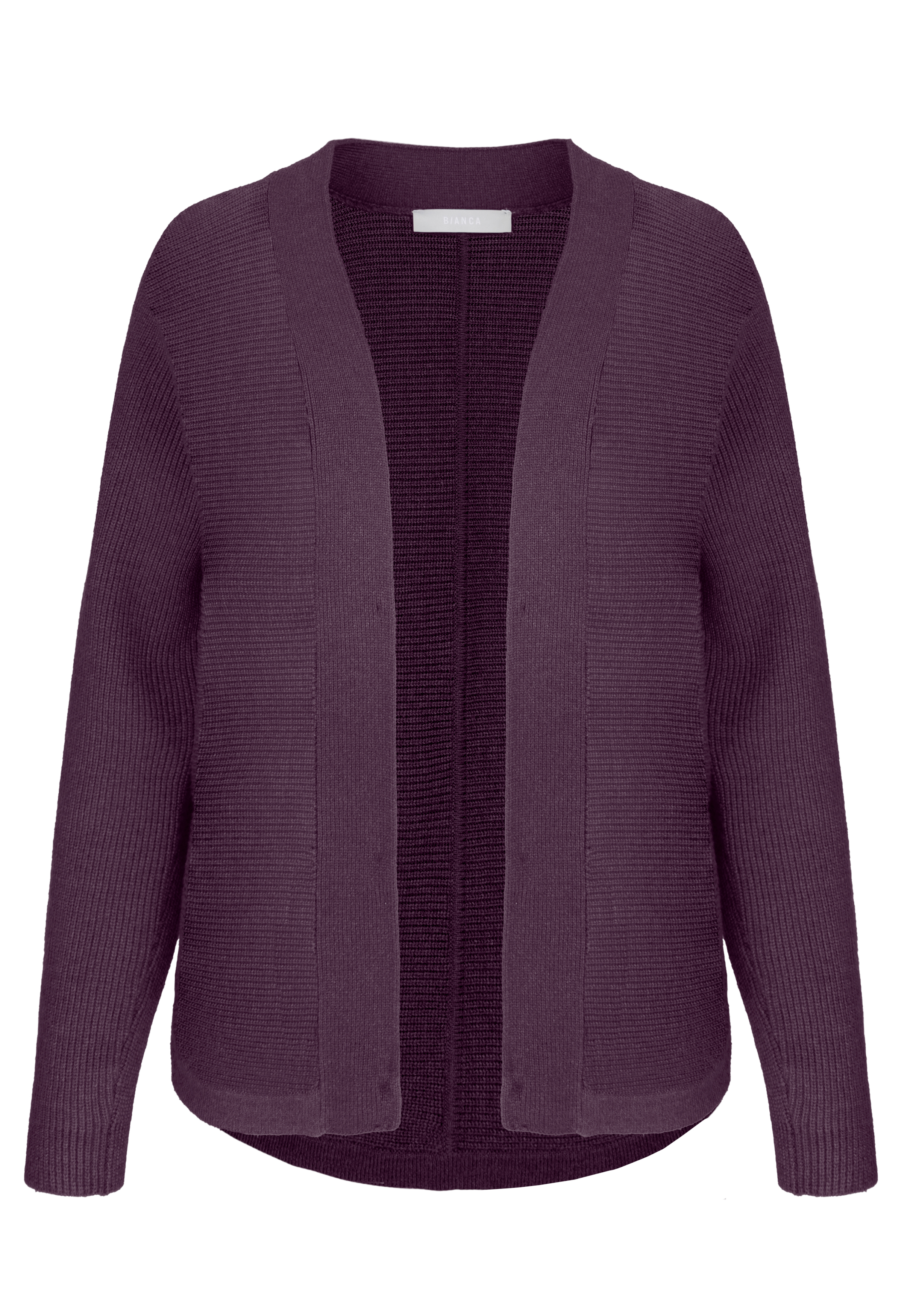 Langärmelige, vorne offene Strickjacke aus dunkelviolettem Strickstoff auf weißem Hintergrund. Die Strickjacke hat eine lockere Passform und eine gerippte Struktur.