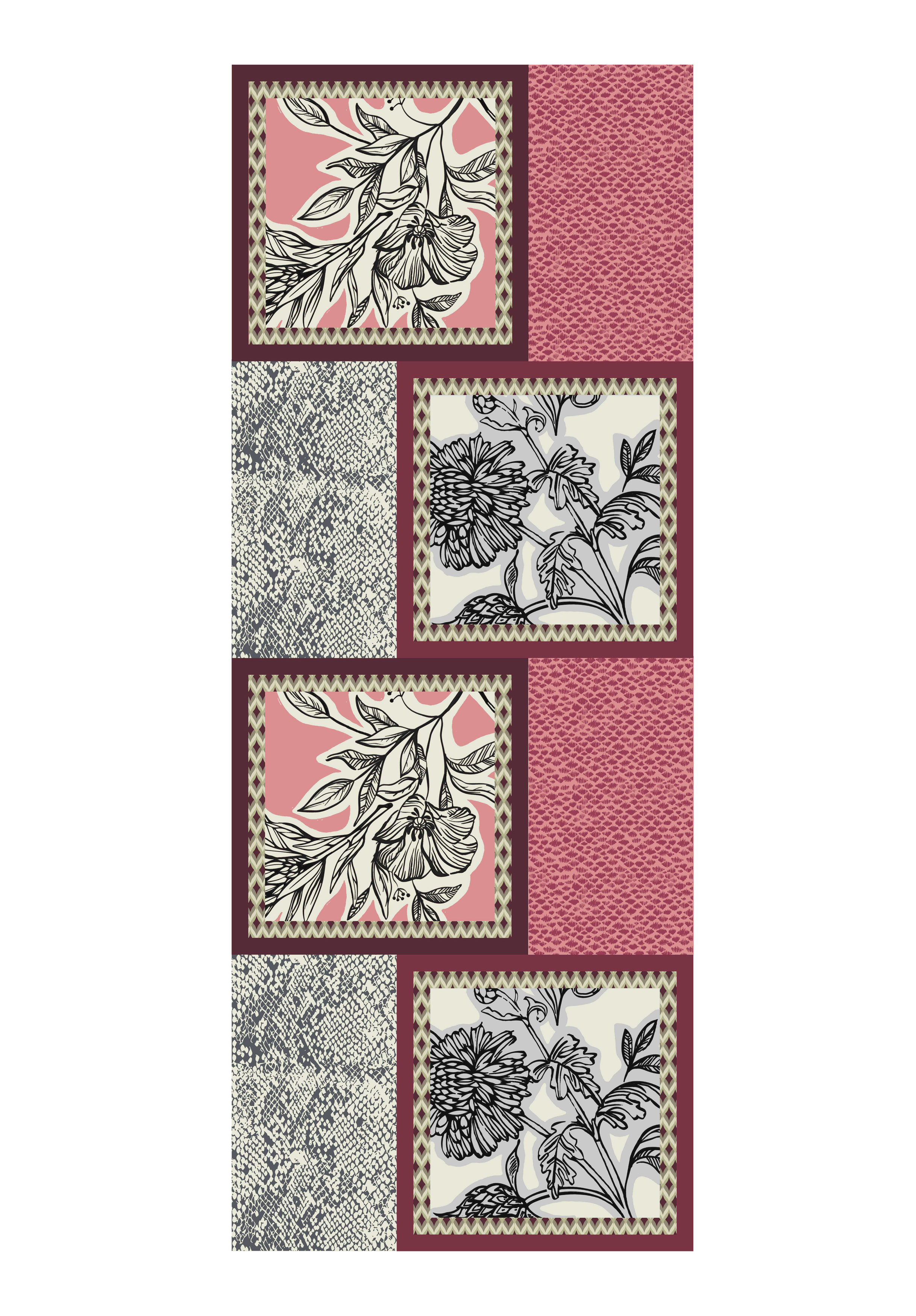 Ein rechteckiges Design mit abwechselnden Blöcken aus floralen Skizzen in Schwarz und Weiß mit gewellten Rändern, strukturierten rosa Quadraten und gepunkteten grauen Mustern, alle in einem geometrischen Patchwork-Layout angeordnet.