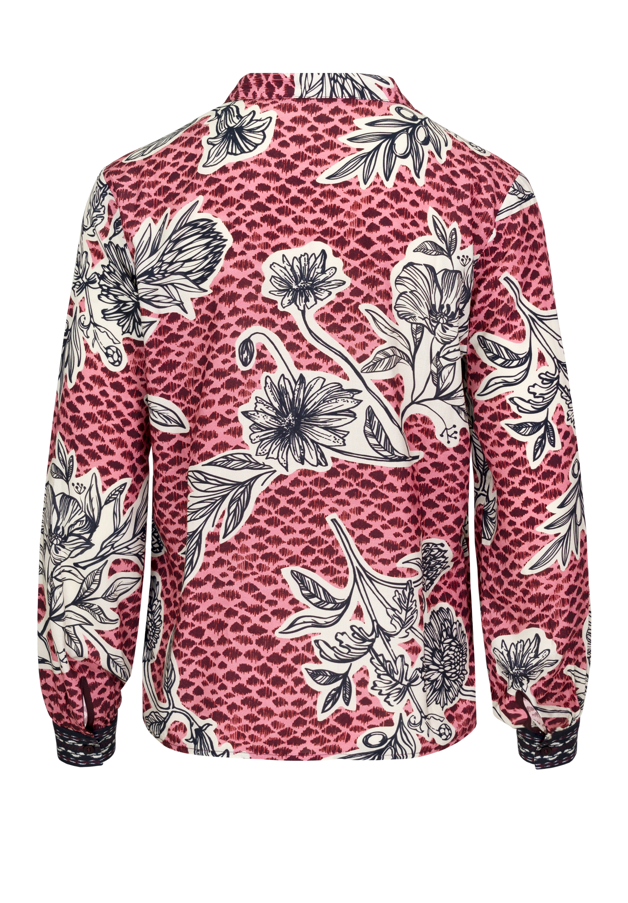 Langärmelige Bluse mit rosa-weißem Muster und großen schwarz-weißen Blumenmotiven. Die Bluse hat einen Kragen und elastische Bündchen. Das Bild zeigt die Rückseite des Kleidungsstücks.