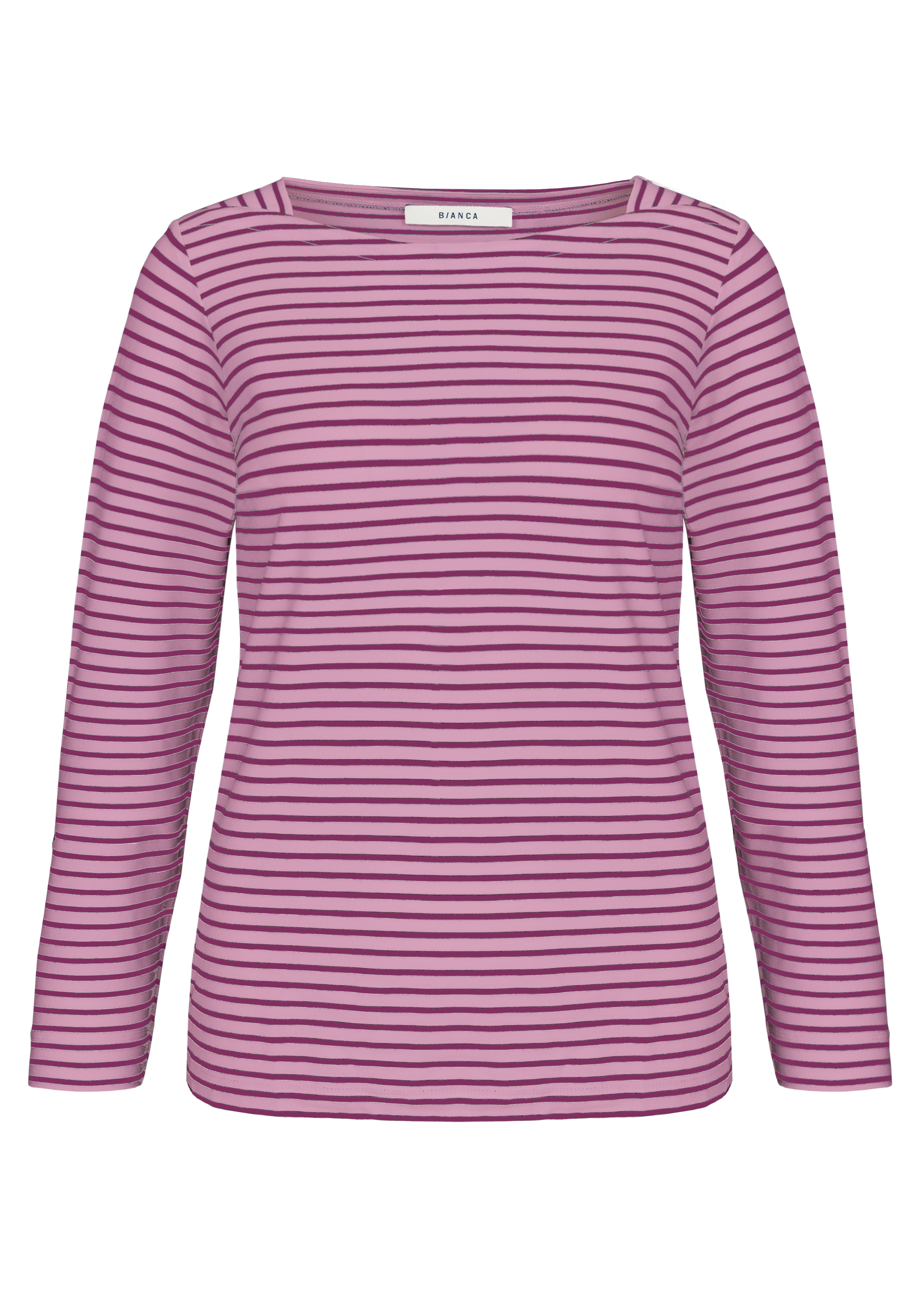 Ein langärmeliges Hemd mit Bootsausschnitt und horizontalen lila und rosa Streifen. Das Hemd ist auf einem einfarbig weißen Hintergrund abgebildet.