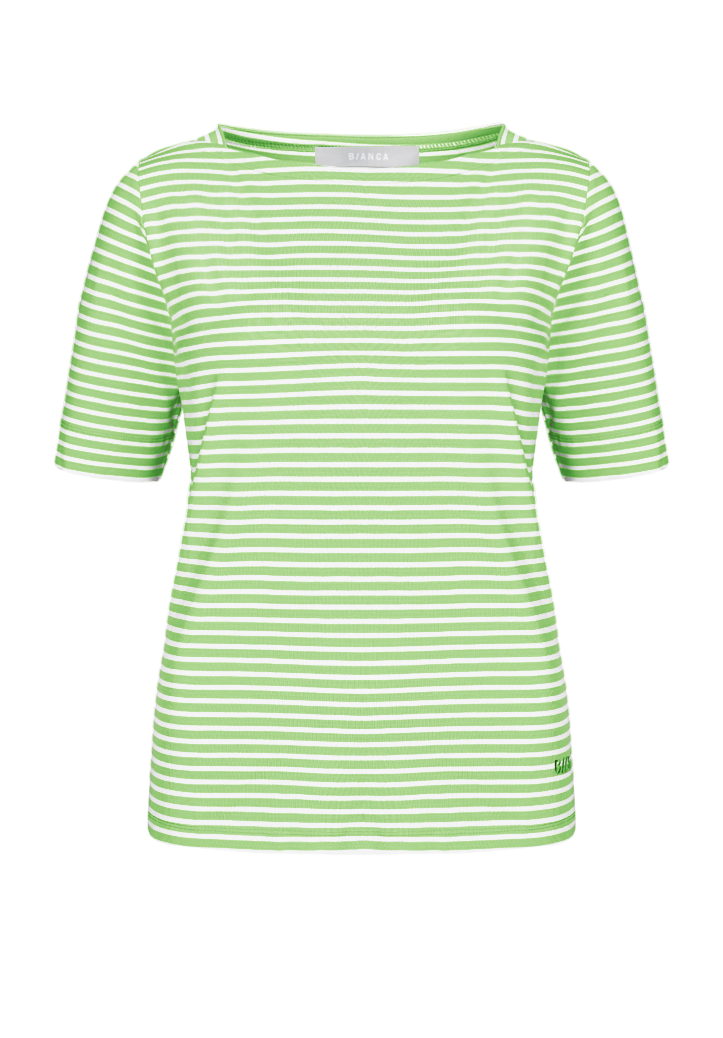 Ein hellgrünes und weiß horizontal gestreiftes Kurzarm-T-Shirt auf schlichtem weißem Hintergrund.