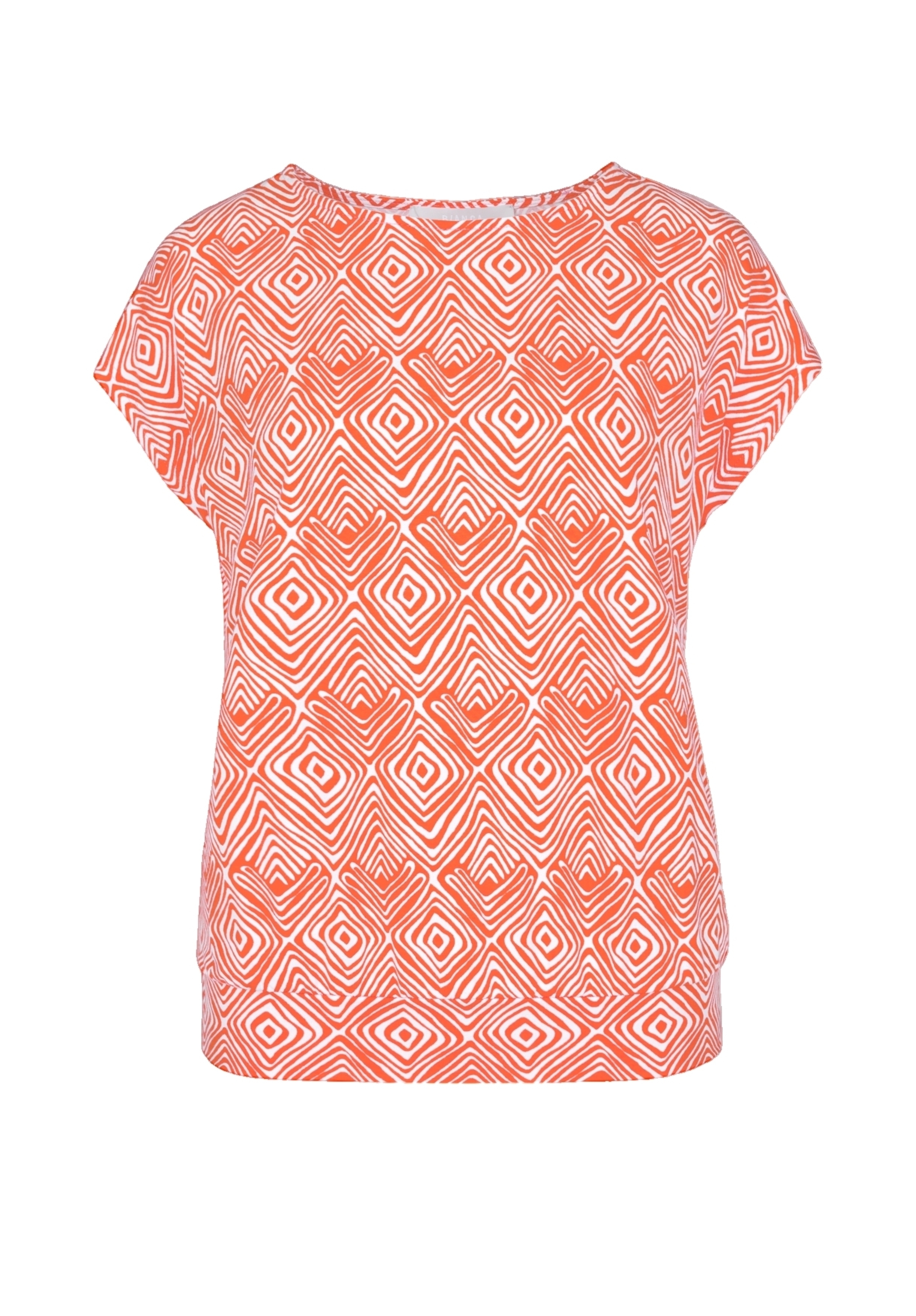 Kurzärmliges, locker sitzendes Oberteil mit einem orange-weißen geometrischen Rautenmuster auf weißem Hintergrund, das vor einem schlichten weißen Hintergrund präsentiert wird.