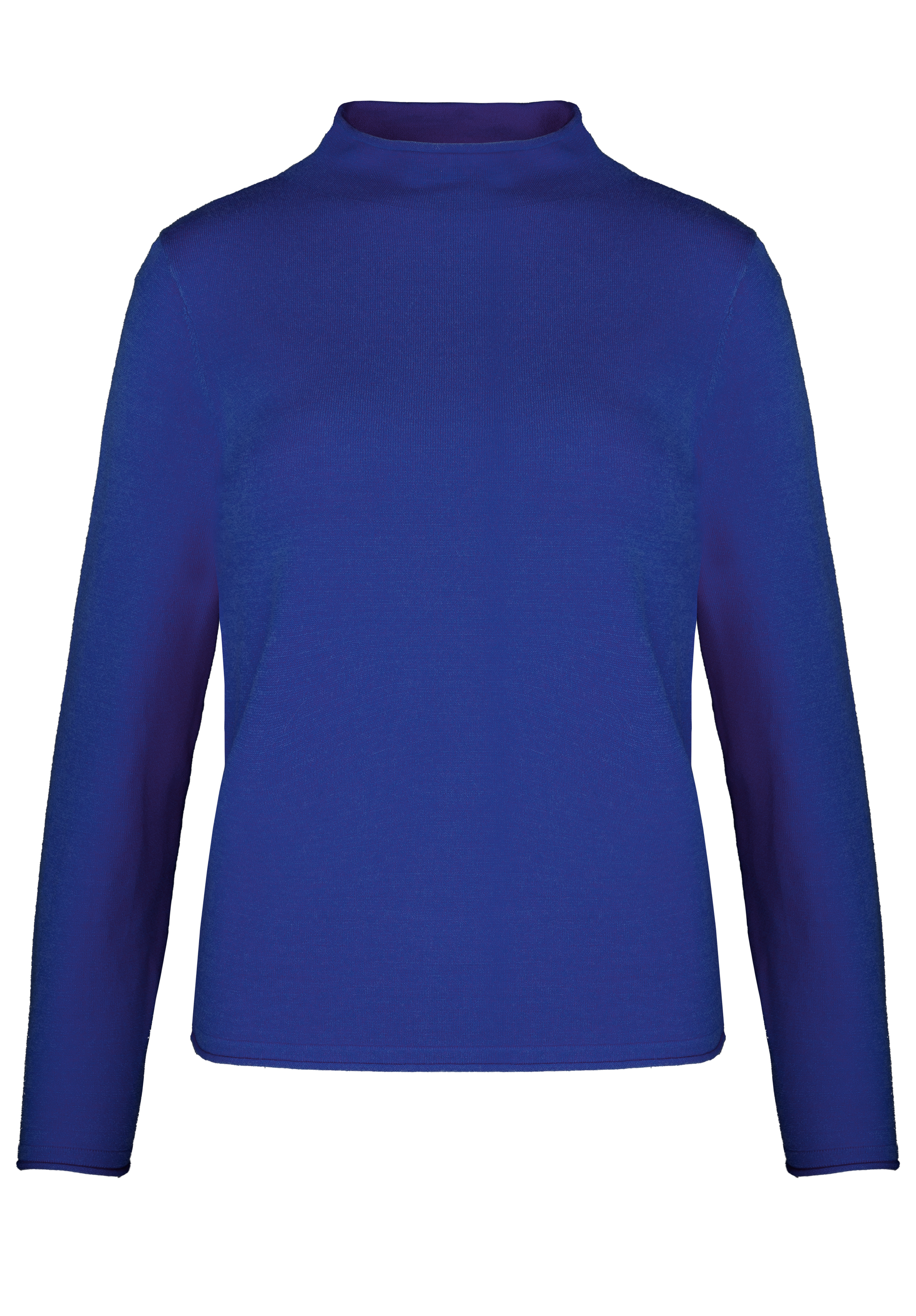 Ein einfarbiges, langärmeliges, königsblaues Rollkragenoberteil auf weißem Hintergrund.