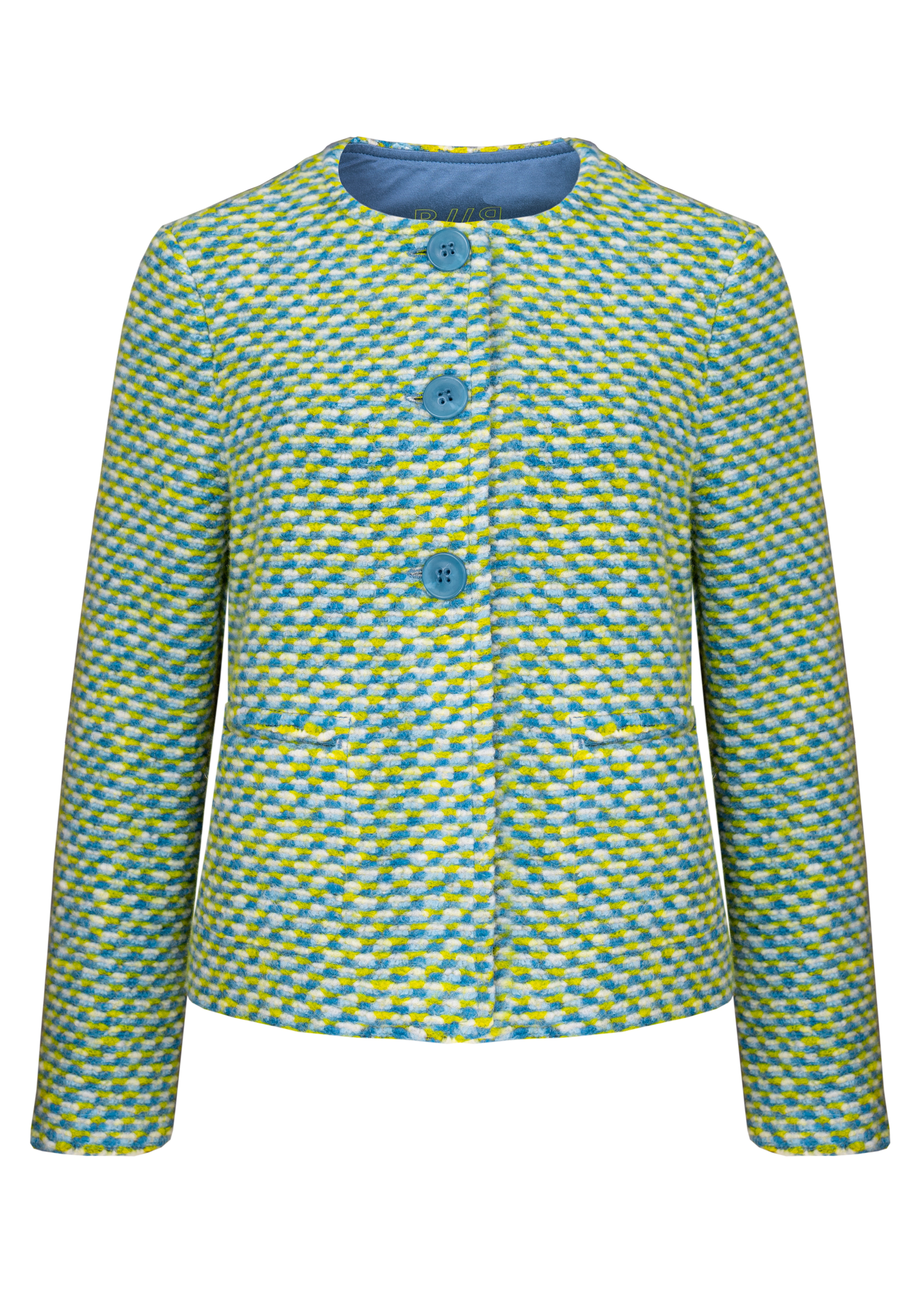 Eine Damenjacke mit Rundhalsausschnitt, langen Ärmeln und einem Strukturmuster in Blau-, Grün- und Gelbtönen. Die Jacke hat vorne vier große blaue Knöpfe.