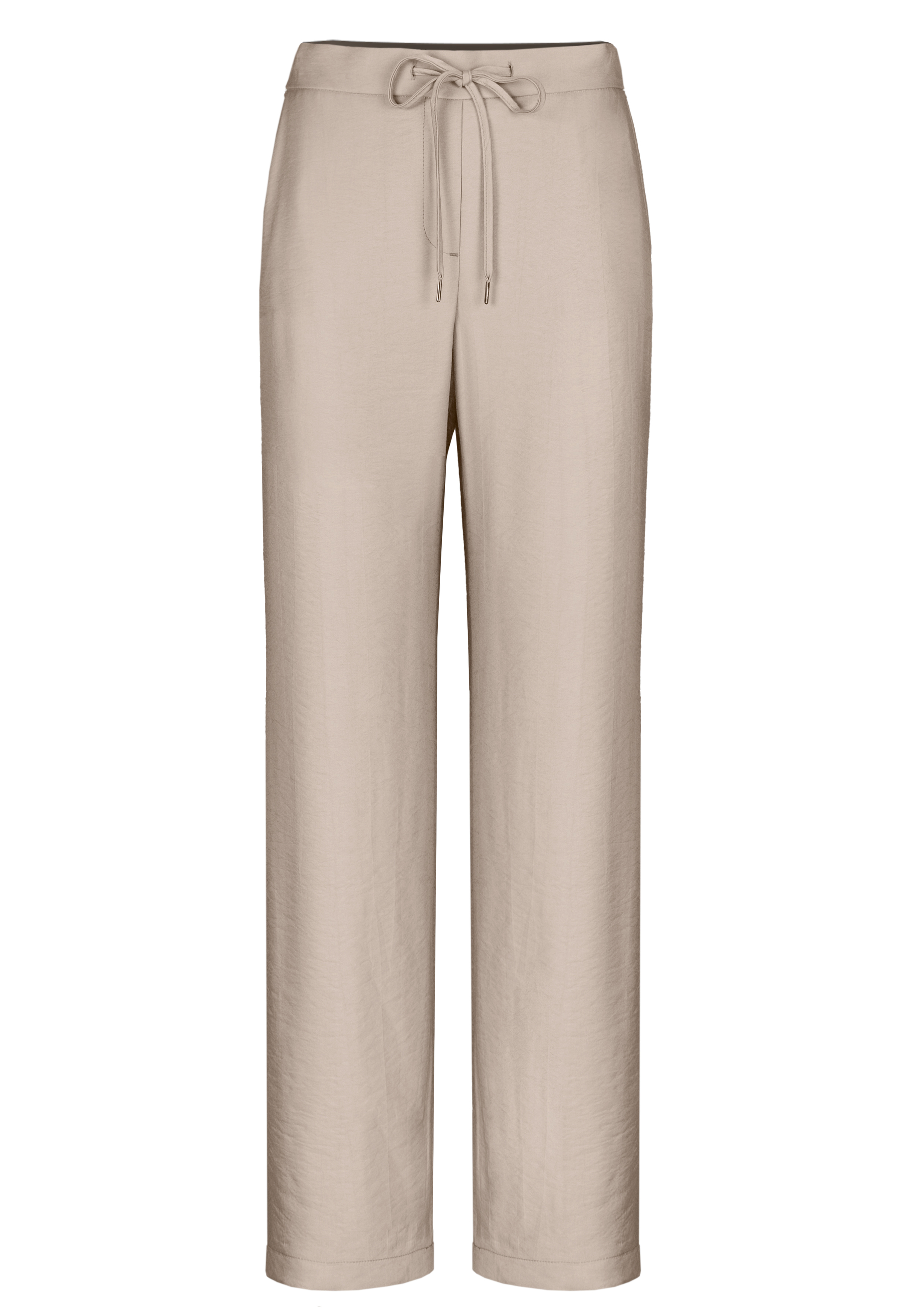 Hellbeige Hose mit geradem Bein, elastischem Bund und verstellbarem Kordelzug auf der Vorderseite, aus weichem, leichtem Stoff.