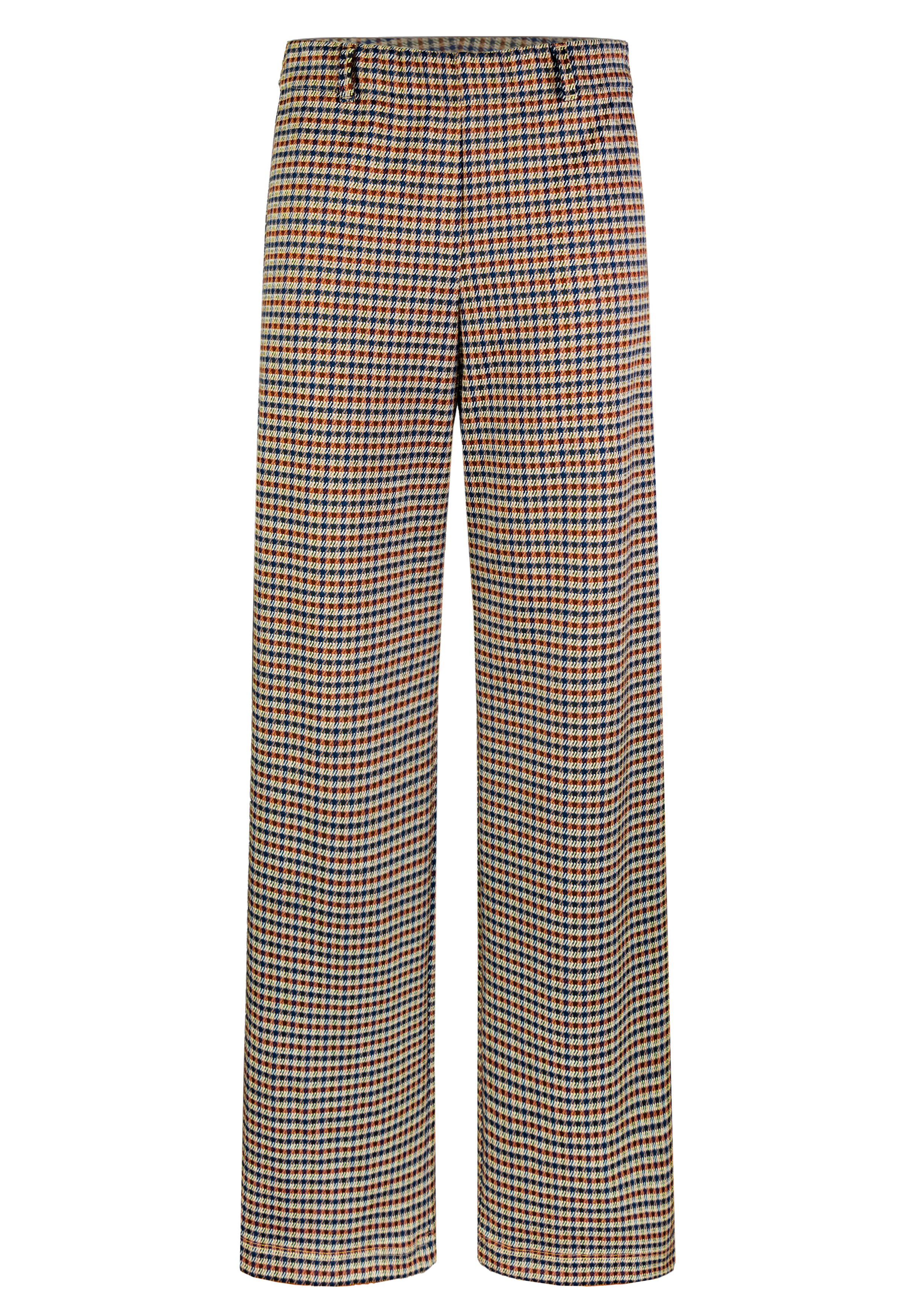 Eine Hose mit hoher Taille und weitem Bein mit mehrfarbigem Hahnentrittmuster in Braun-, Blau- und Gelbtönen, Gürtelschlaufen und taillierter Passform.