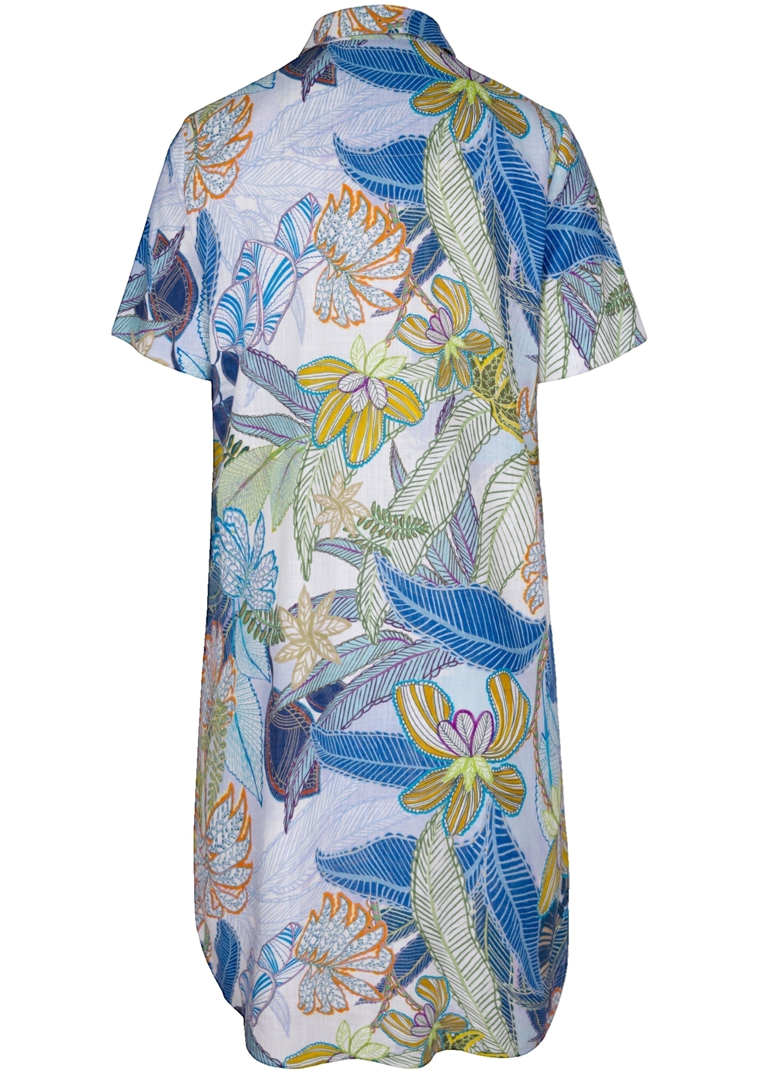 Kurzärmeliges Hemd mit Knopfleiste und farbenfrohem tropischen Blumen- und Blättermuster in Blau-, Grün-, Gelb- und Orangetönen, von hinten abgebildet.