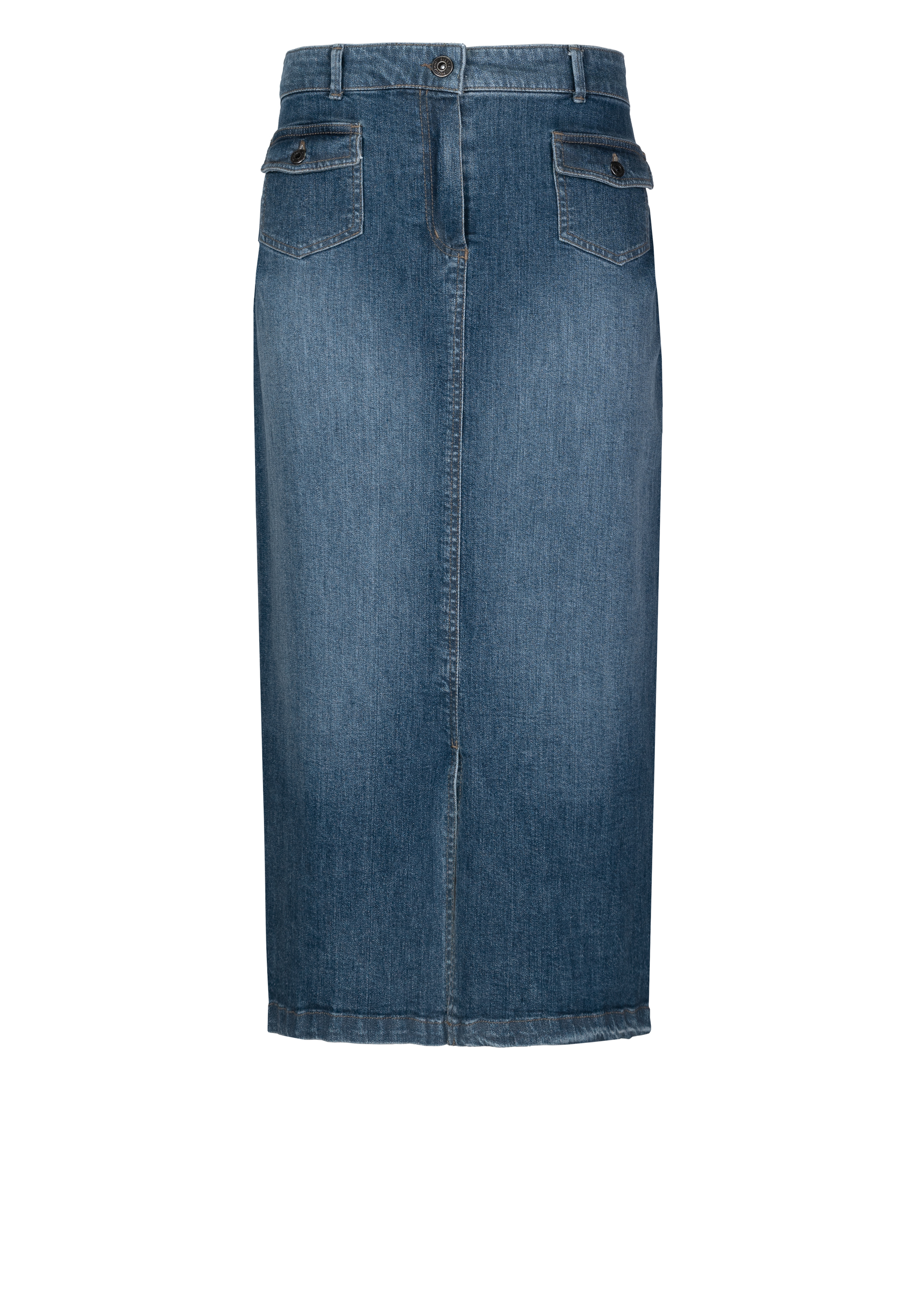Ein blauer Midirock aus Jeans mit Knopf- und Reißverschluss vorne, zwei Pattentaschen mit Knöpfen vorne und geradem Saum.