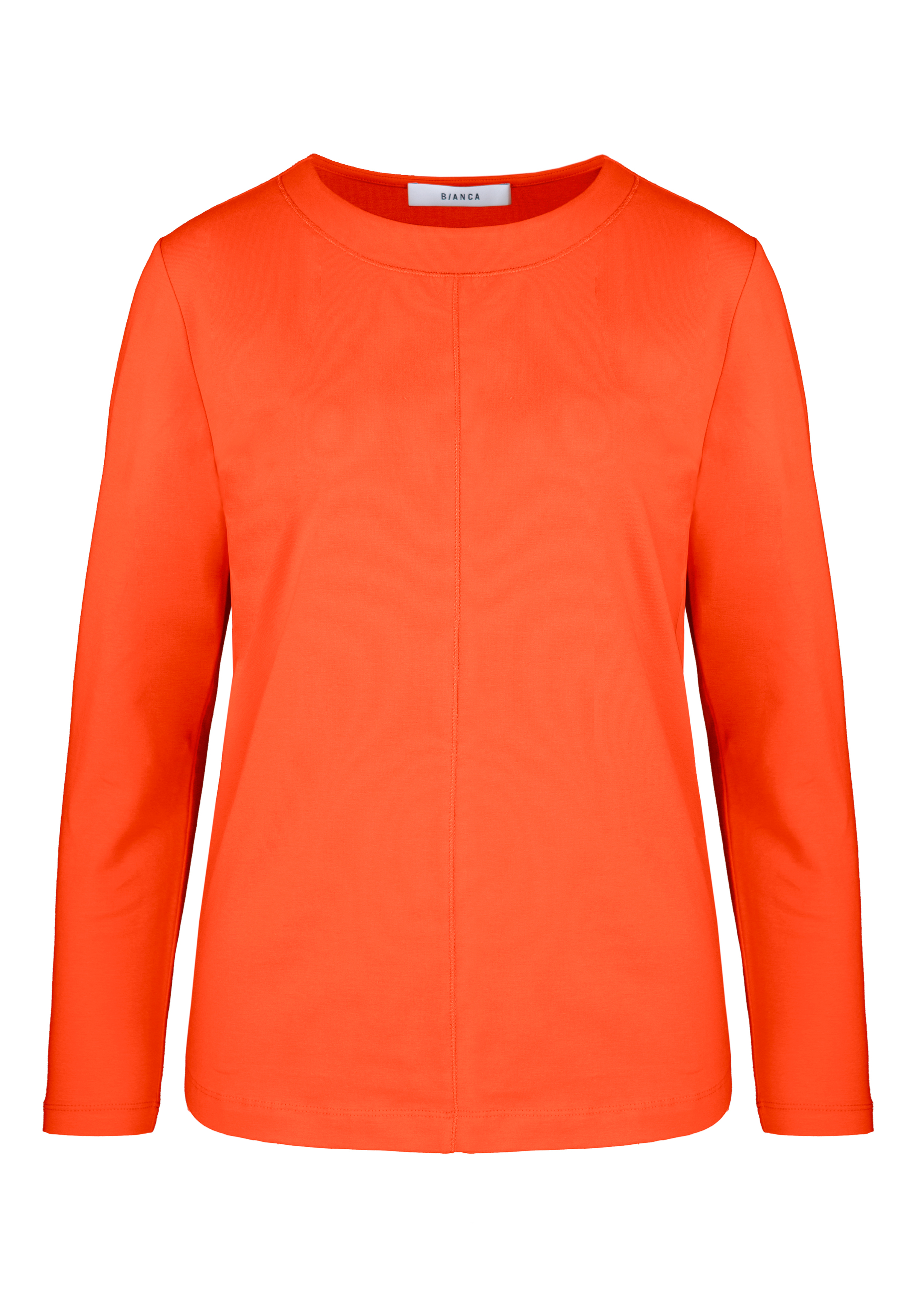 Ein schlichtes, langärmeliges, leuchtend orangefarbenes Damenoberteil mit rundem Ausschnitt und ohne sichtbare Muster oder Verzierungen auf weißem Hintergrund.