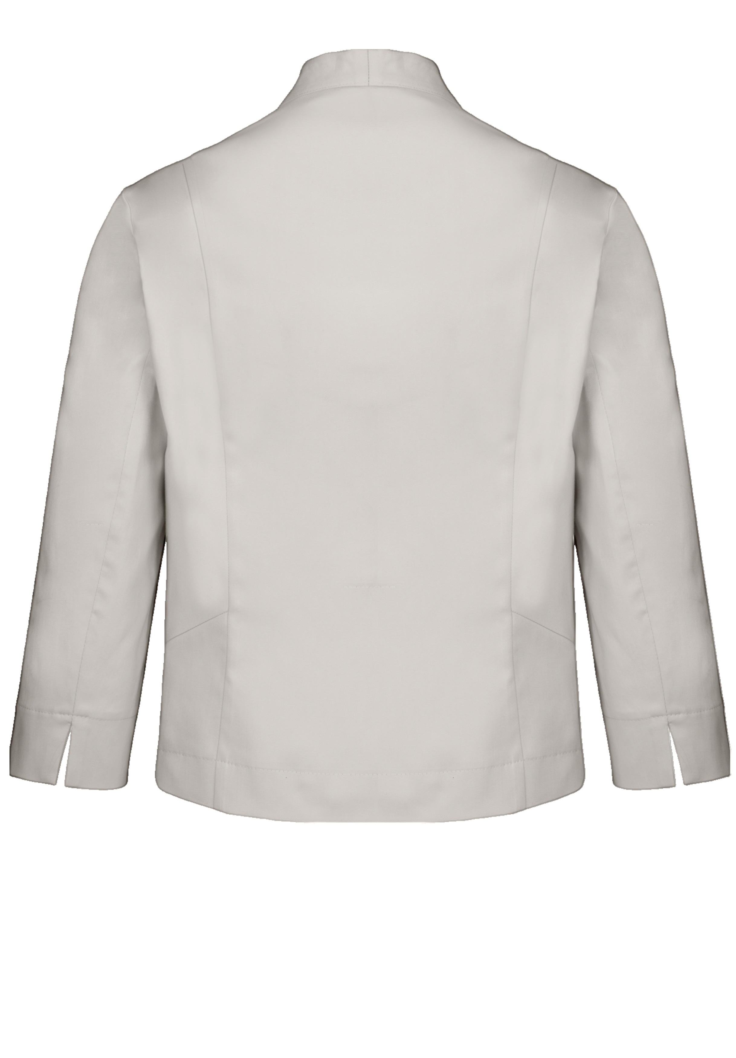 Rückansicht eines hellbeigen Langarmblazers mit Kragen und zwei kleinen Schlitzen an den Ärmelenden. Der Blazer hat eine taillierte Passform und keine sichtbaren Knöpfe oder Verzierungen.