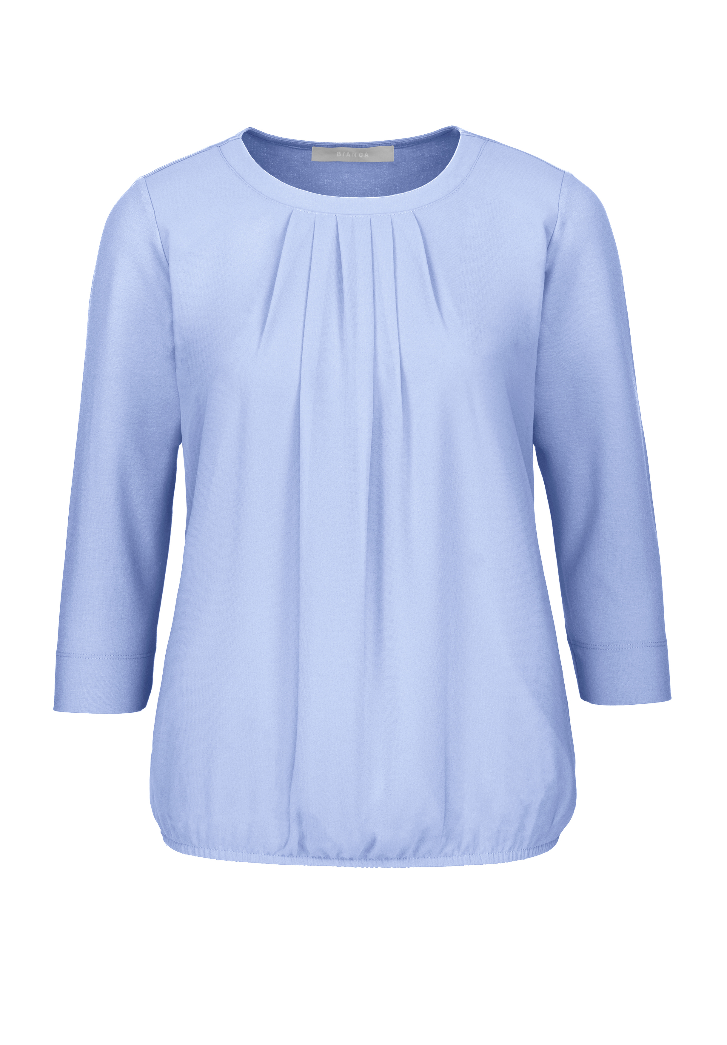 Hellblaue Langarmbluse mit Rundhalsausschnitt, Faltendetails auf der Vorderseite und elastischem Saum. Der Stoff wirkt weich und leicht. Die Bluse ist auf einem schlichten weißen Hintergrund abgebildet.