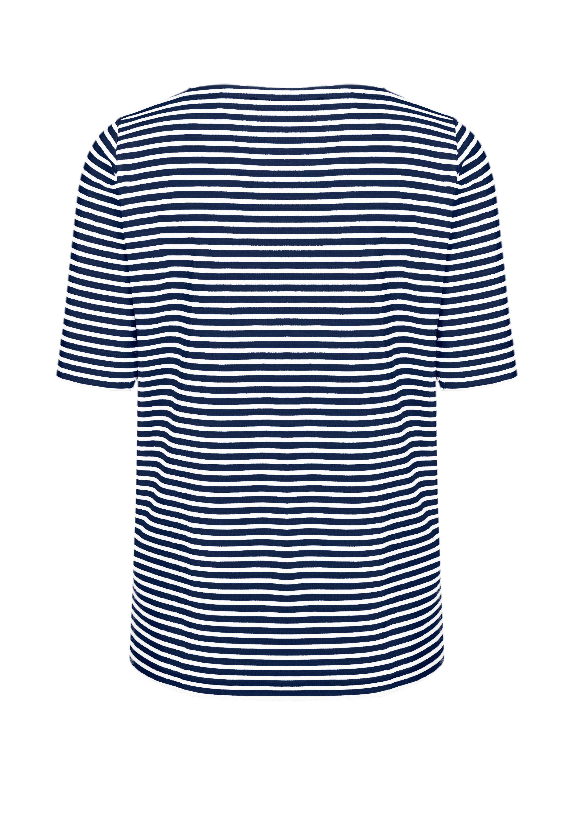 Ein kurzärmeliges Hemd mit horizontalen marineblauen und weißen Streifen, von hinten auf einem schlichten weißen Hintergrund abgebildet.