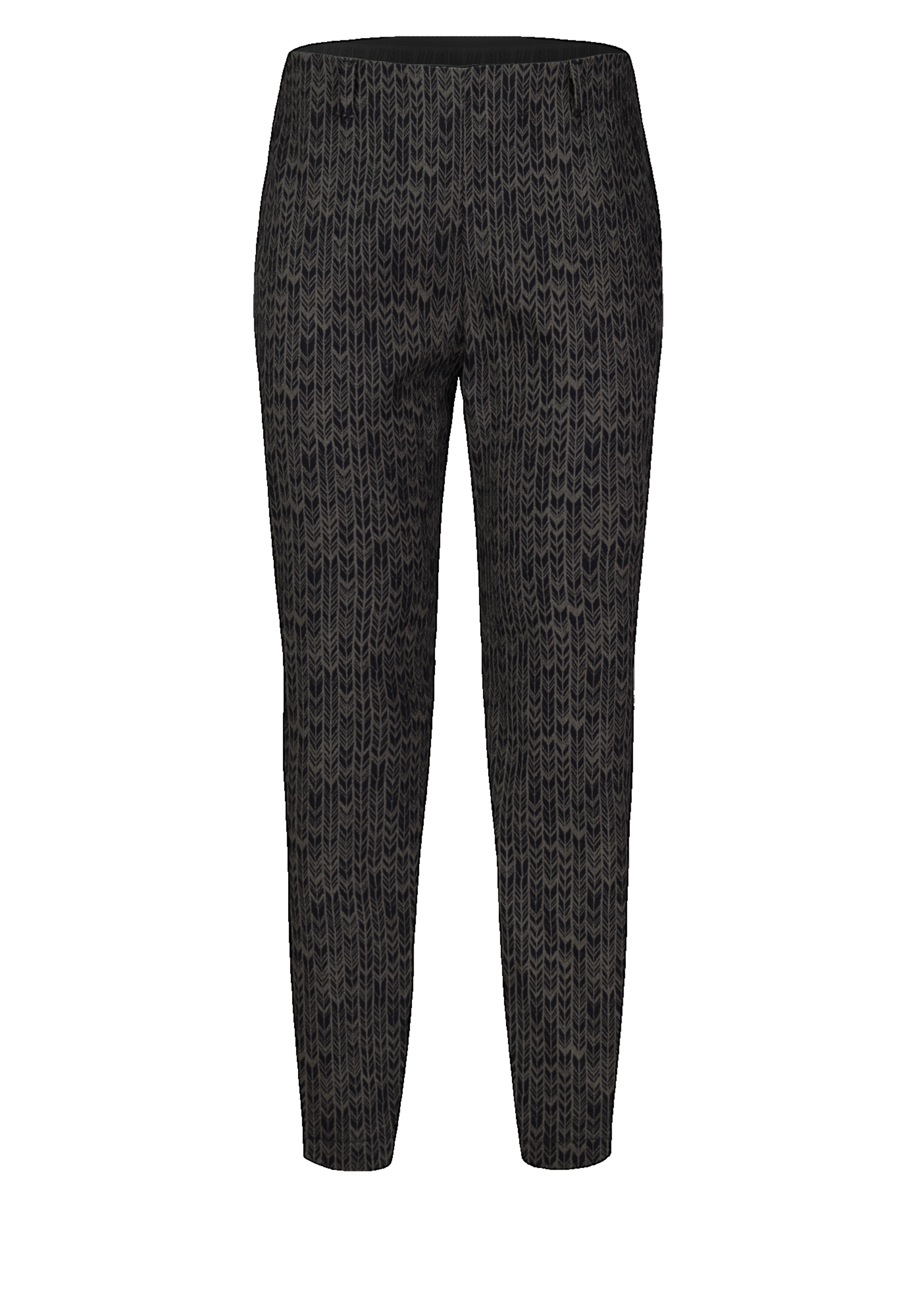 Eine schwarz-grau gemusterte Slim-Fit-Hose mit elastischem Bund vor weißem Hintergrund.