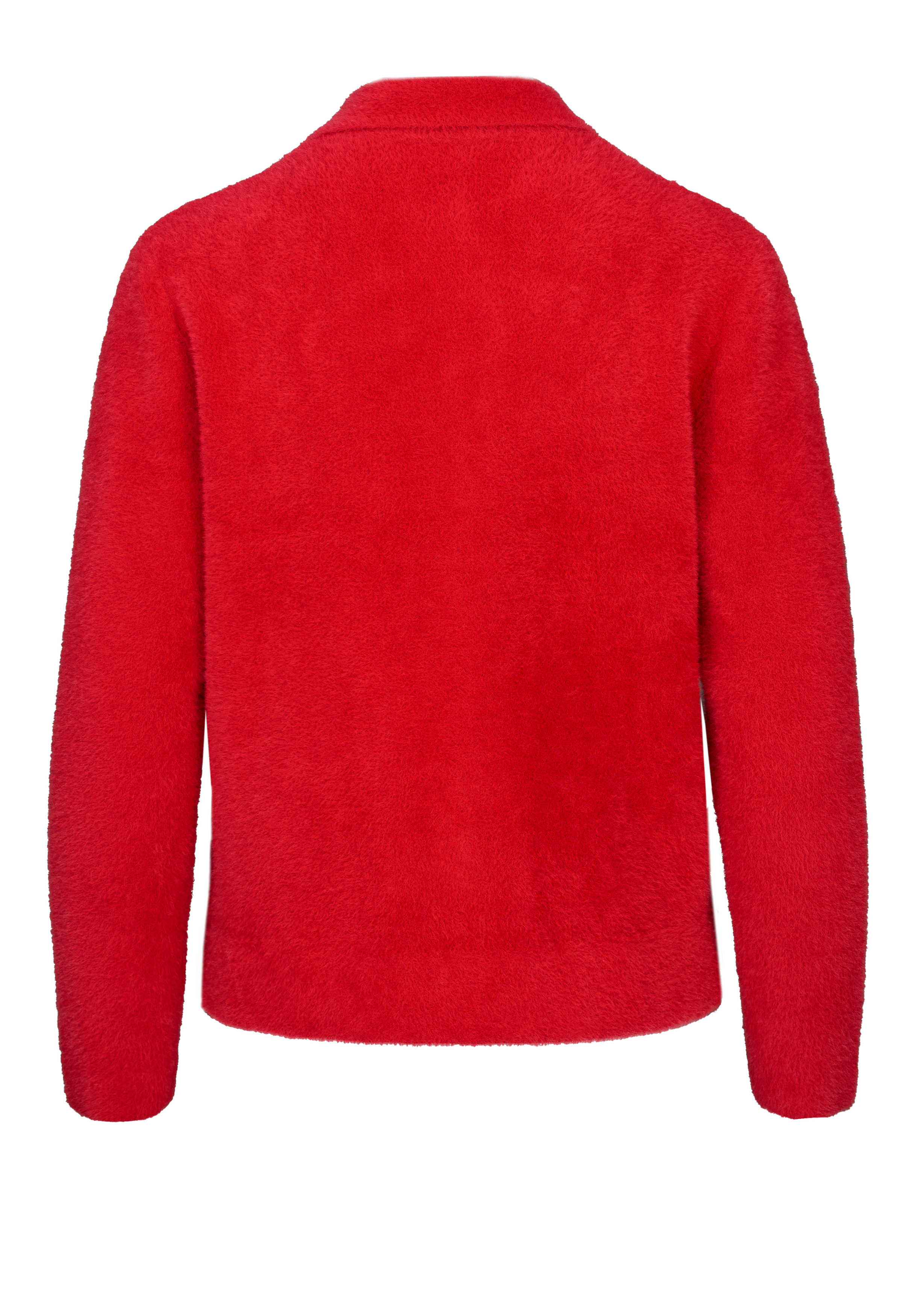 Eine leuchtend rote, langärmelige, flauschige Jacke von hinten, mit geradem Saum und ohne sichtbare Verschlüsse oder Details.