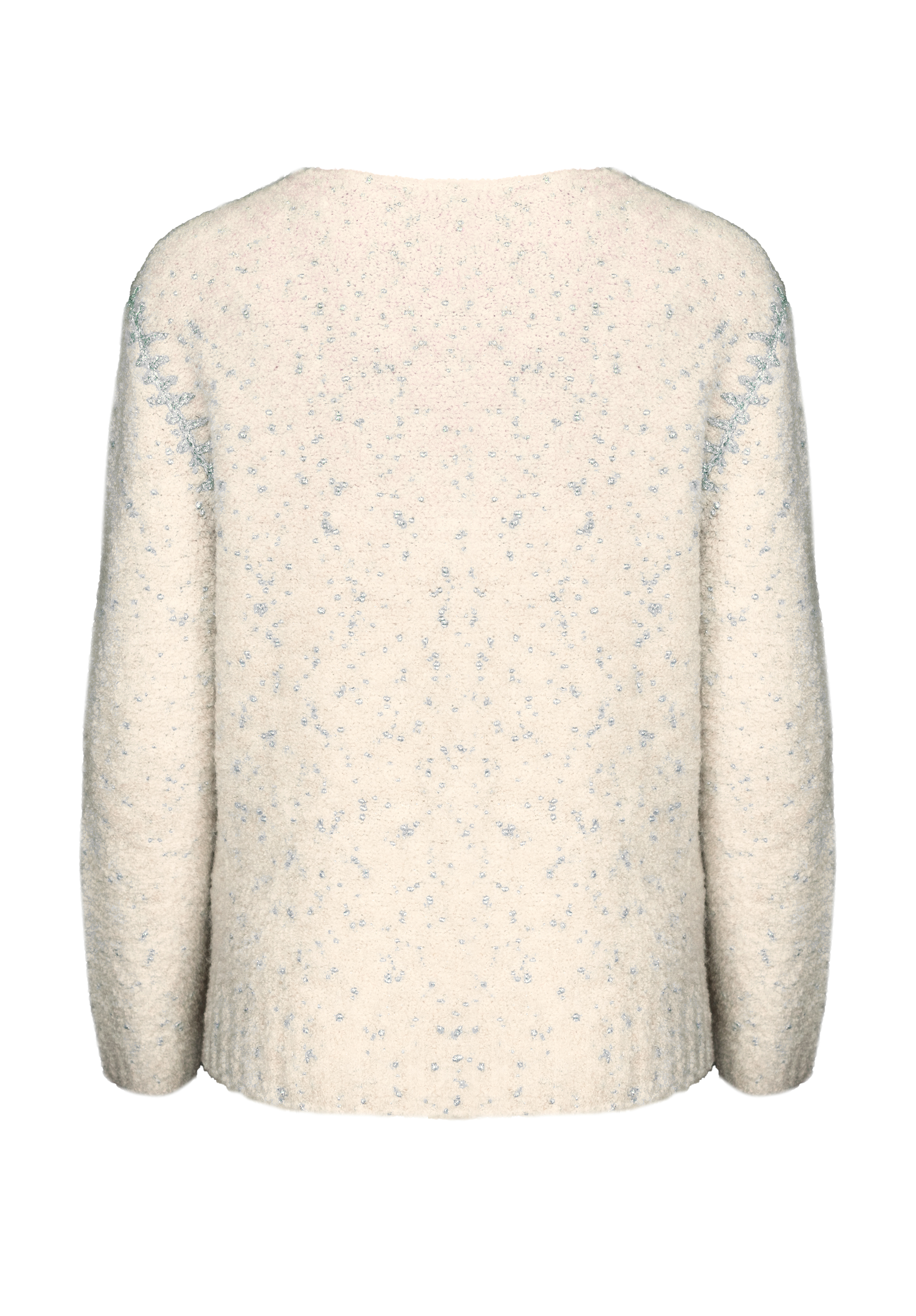 Ein cremefarbener, langärmeliger, flauschiger Pullover mit hellblau gesprenkelten Details, von hinten vor einem weißen Hintergrund gezeigt.